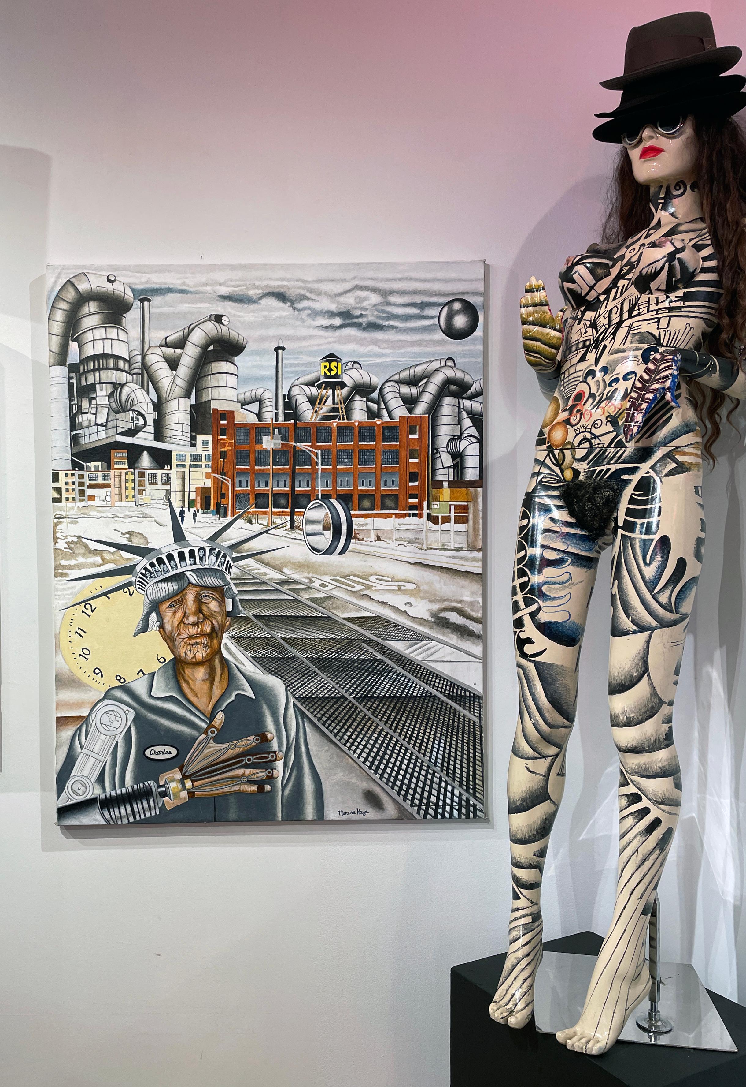 RSI - Surrealist West Side Chicago Landscape Painting with Factory and Figure For Sale 5