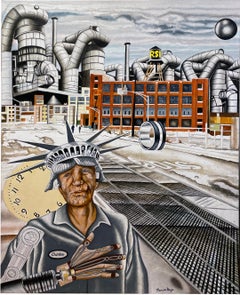 RSI - Surrealistisches West Side Chicago Landschaftsgemälde mit Fabrik und Figur