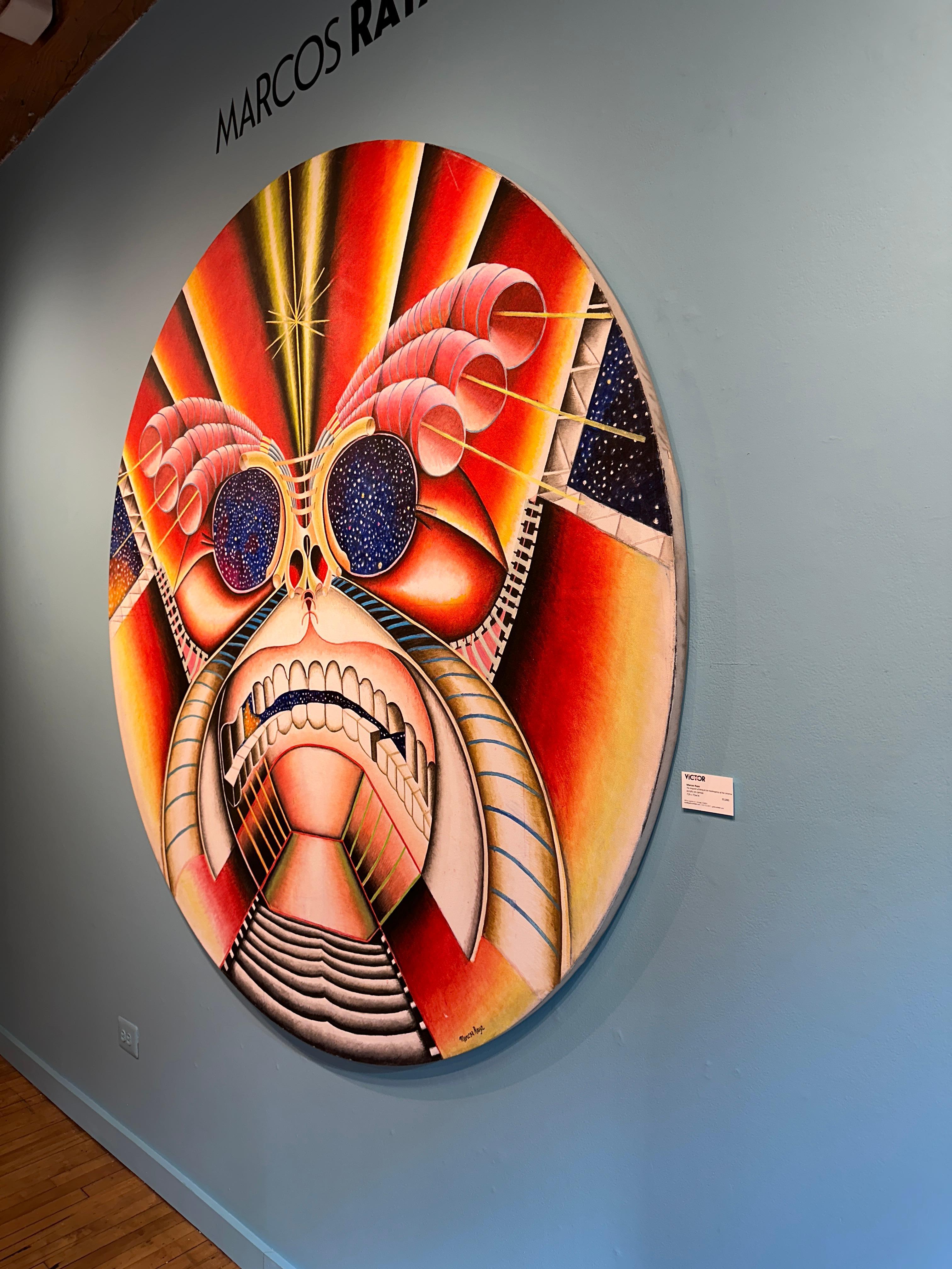 Marcos Raya
The Anguish of Being and the Nothingness of the Universe, 2000
acrylic on canvas
72h x 72w in
182.88h x 182.88w cm
MSR093

Marcos Raya's work is heavily influenced by Mexican Folk Art, Surrealism, and Symbolism. His work also has ties to