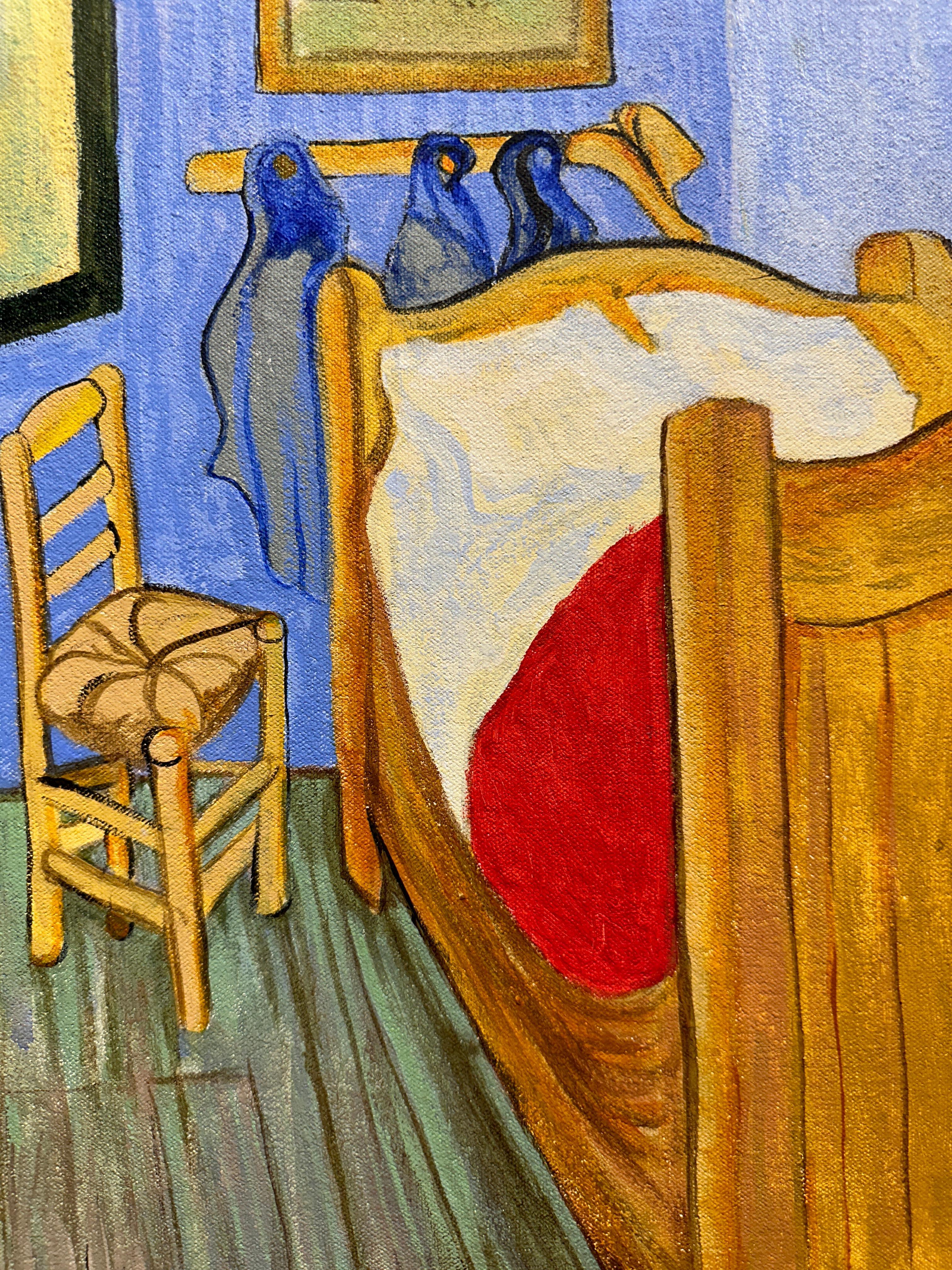 Through the Eyes of Van Gogh - Eulengemälde, das auf Van Goghs „Das Schlafzimmer“ blickt – Painting von Marcos Raya