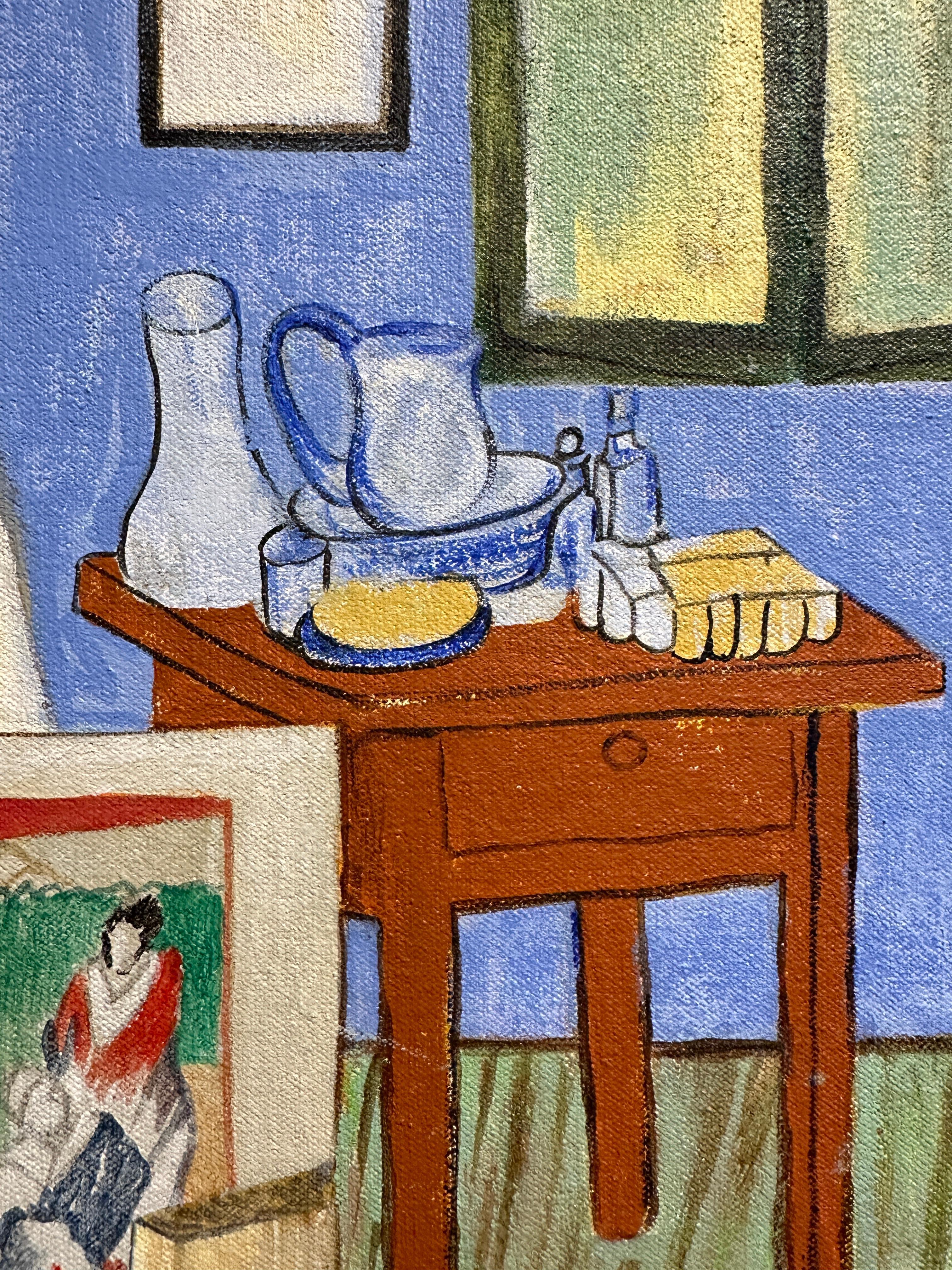 Through the Eyes of Van Gogh - Eulengemälde, das auf Van Goghs „Das Schlafzimmer“ blickt (Zeitgenössisch), Painting, von Marcos Raya
