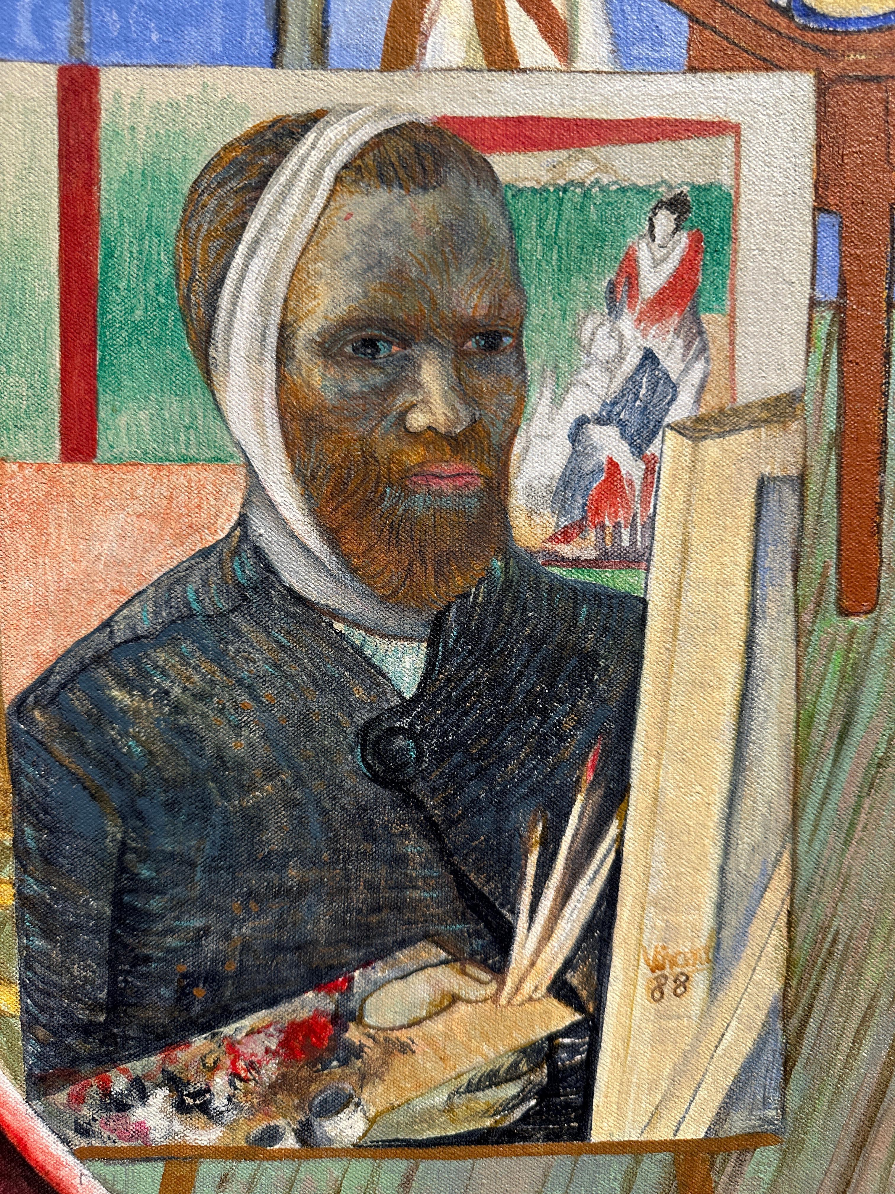 À travers les yeux de Van Gogh - Peinture d'un clou regardant dans la chambre de Van Gogh - Gris Abstract Painting par Marcos Raya