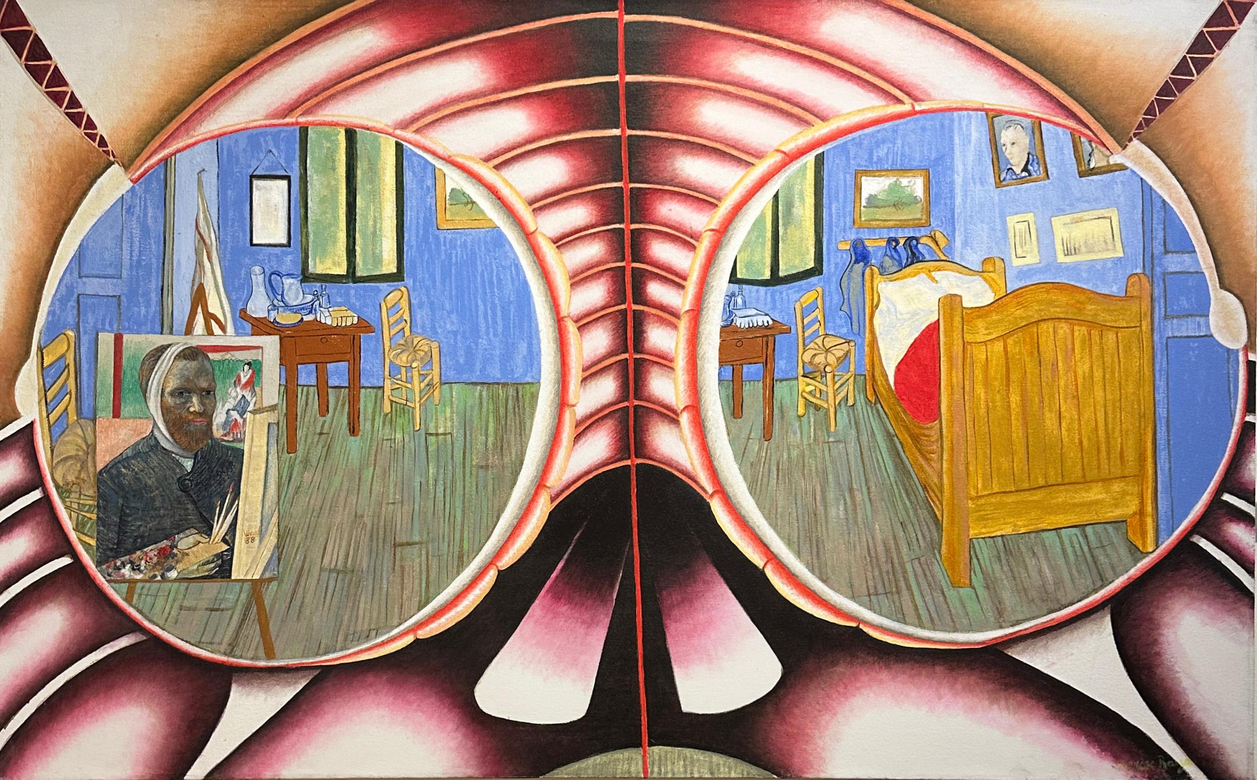Marcos Raya Abstract Painting – Through the Eyes of Van Gogh - Eulengemälde, das auf Van Goghs „Das Schlafzimmer“ blickt