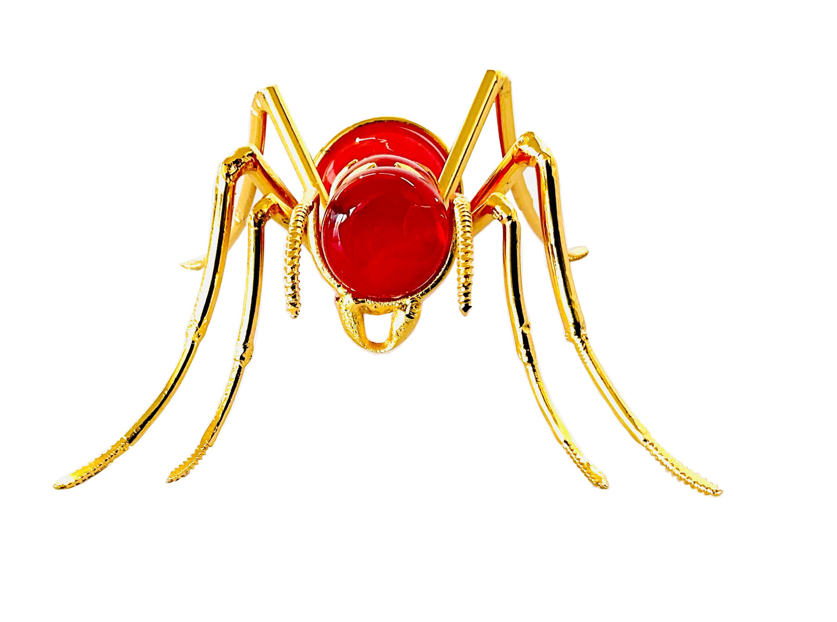 Hand-Blown Glass Ant Gold Plated Recycled Industrial Iron and Red Crystal Parts  - Sculpture by Marcos Romero Gallardo