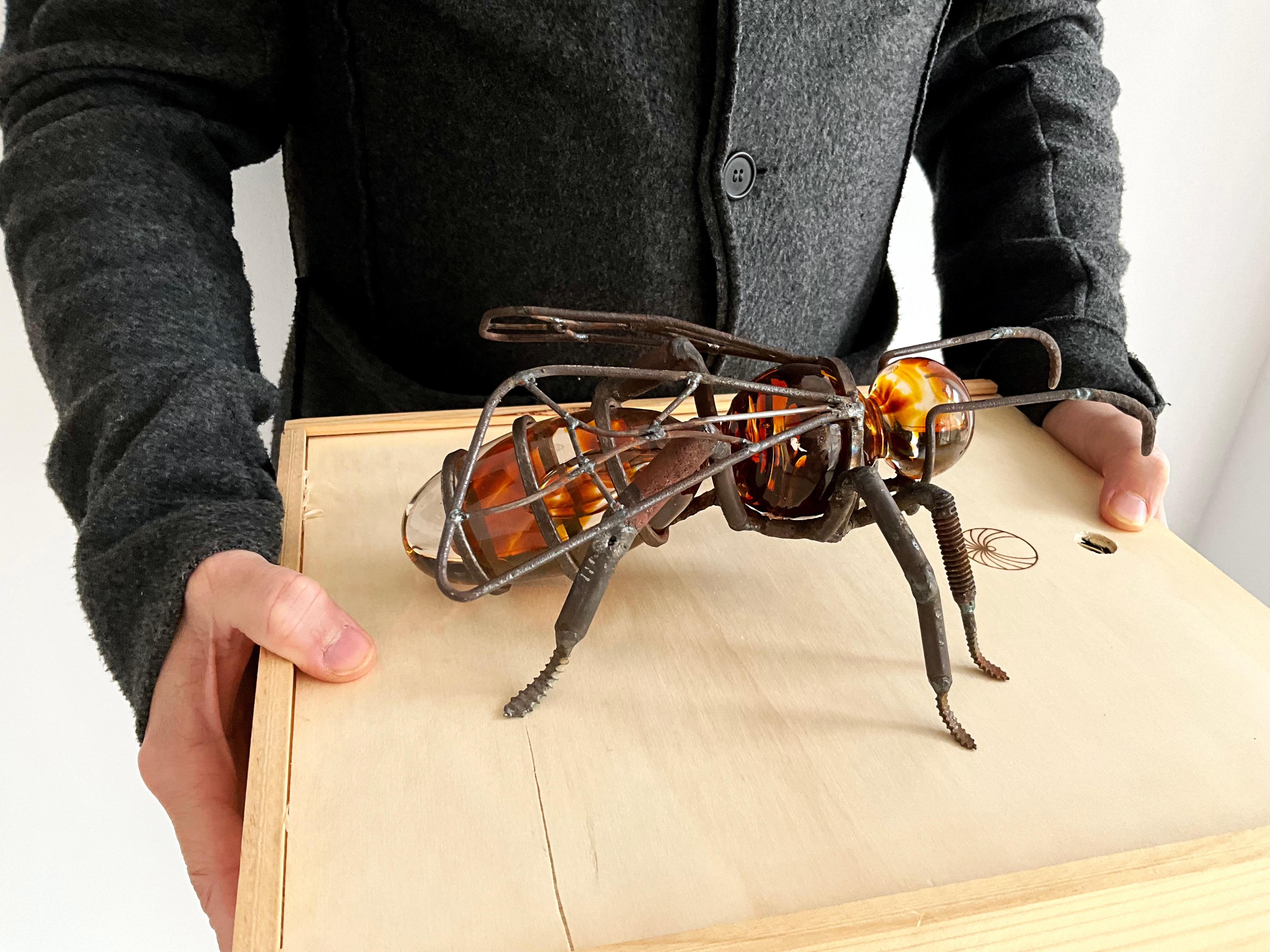 Hand-Blown Glass Bee, Recycled Steel and Crystal Parts For Sale 5