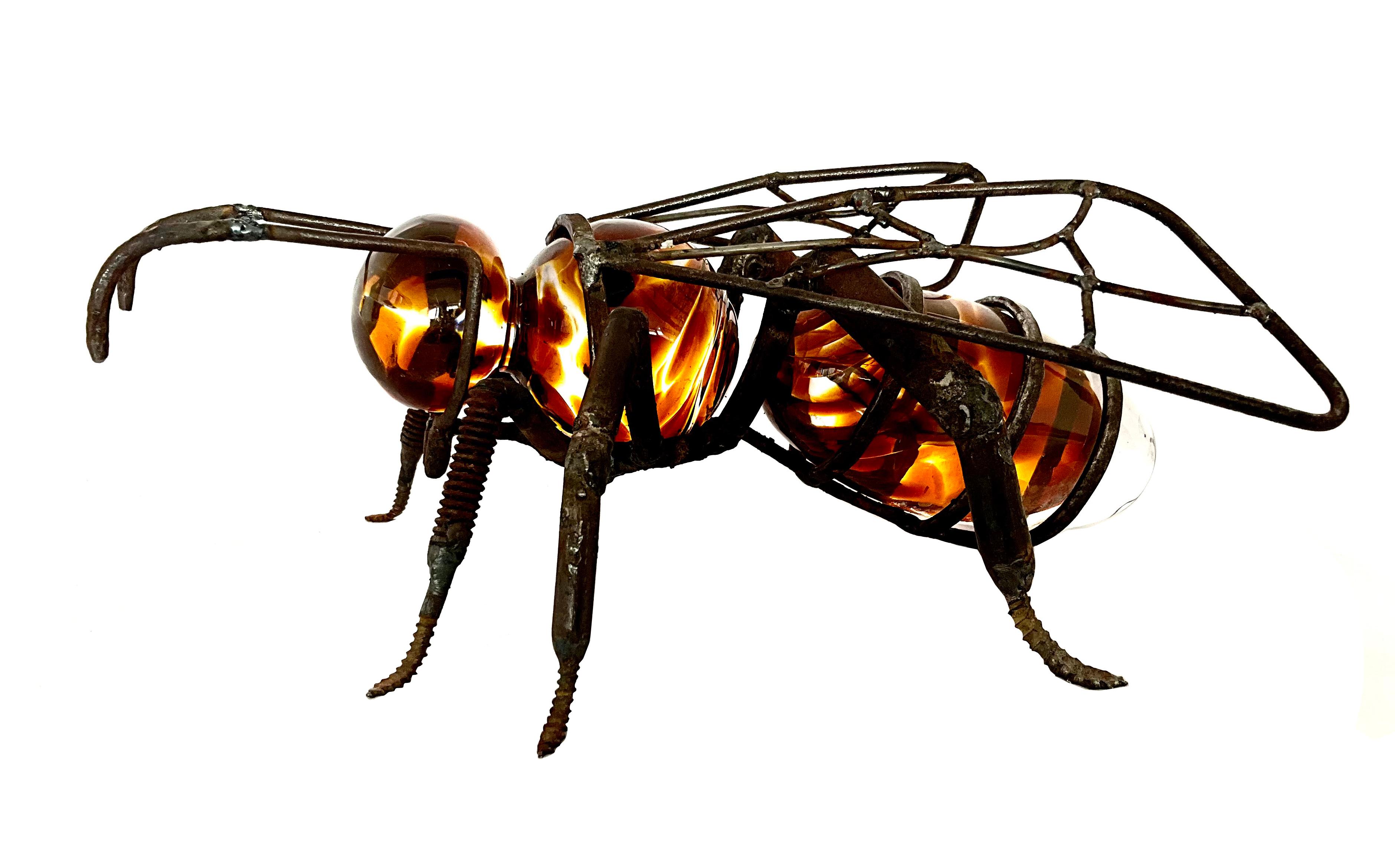 Hand-Blown Glass Bee, Recycled Steel and Crystal Parts - Sculpture by Marcos Romero Gallardo