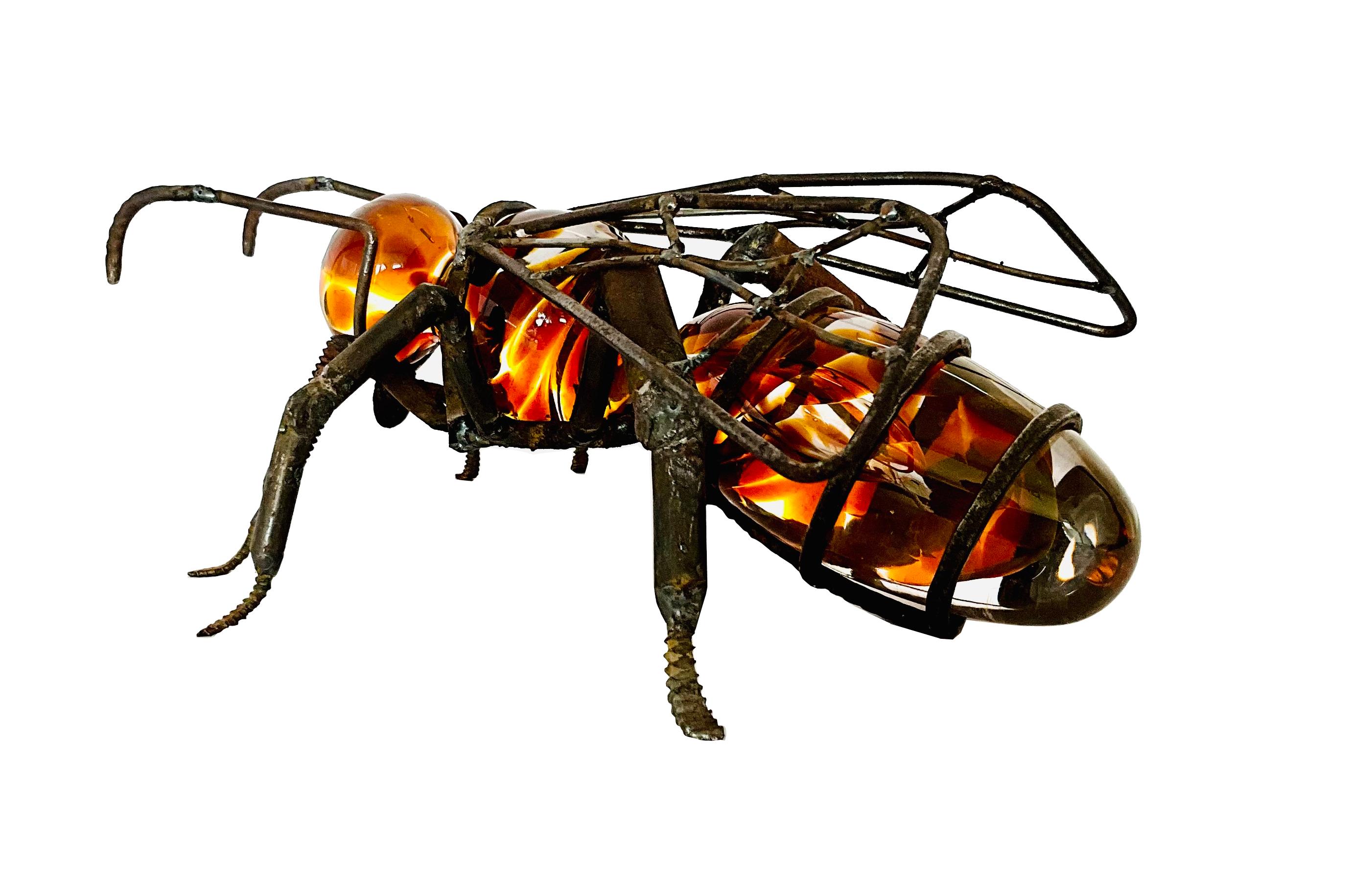 Hand-Blown Glass Bee, Recycled Steel and Crystal Parts - Contemporary Sculpture by Marcos Romero Gallardo