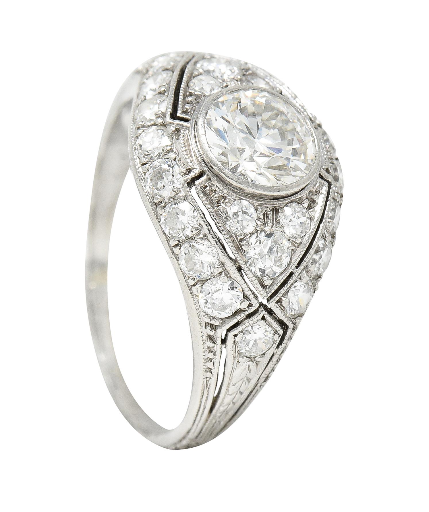 Marcus and Co. Art Deco 1.95 Carats Diamond Platinum Bombè Band Engagement Ring For Sale 3