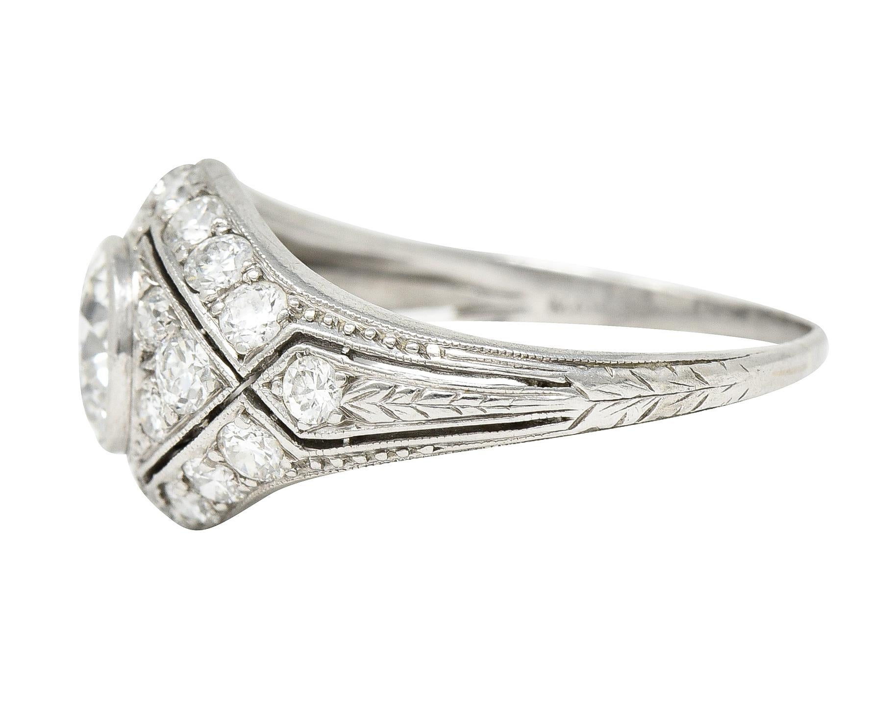 Old European Cut Marcus and Co. Art Deco 1.95 Carats Diamond Platinum Bombè Band Engagement Ring For Sale