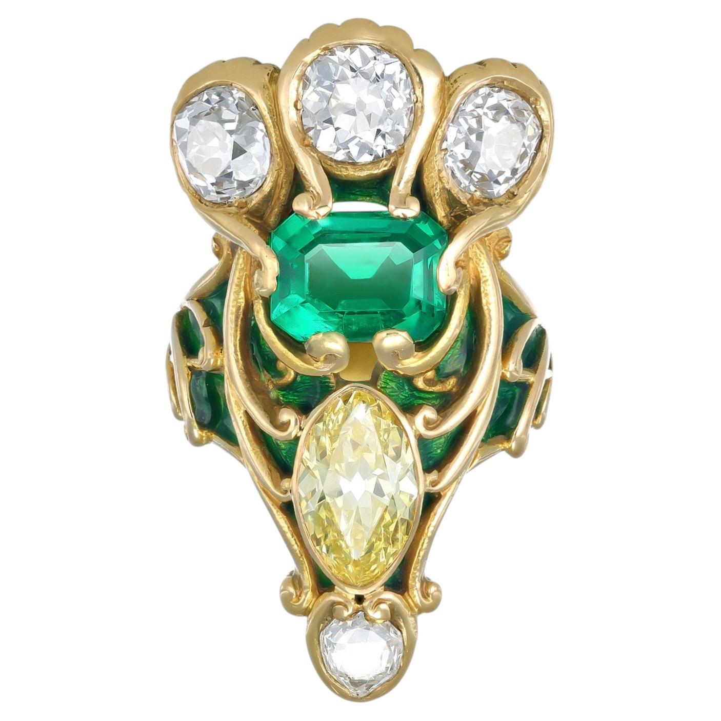 Anillo Marcus & Co. de esmeralda y diamante amarillo, estadounidense, hacia 1895.