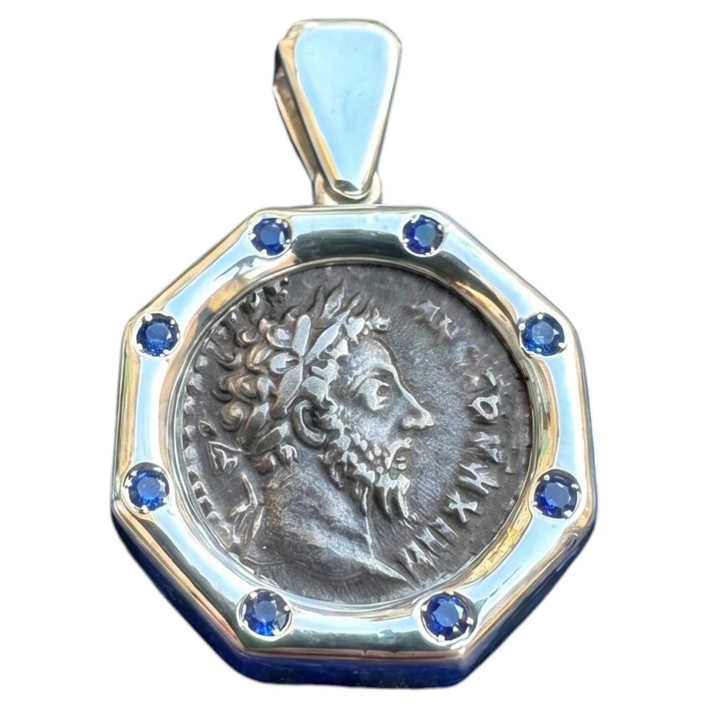 MARCUS AURELIUS Ancient Roman Coin 2 Cent. AD Pendant w/sapphires 0, 6kt