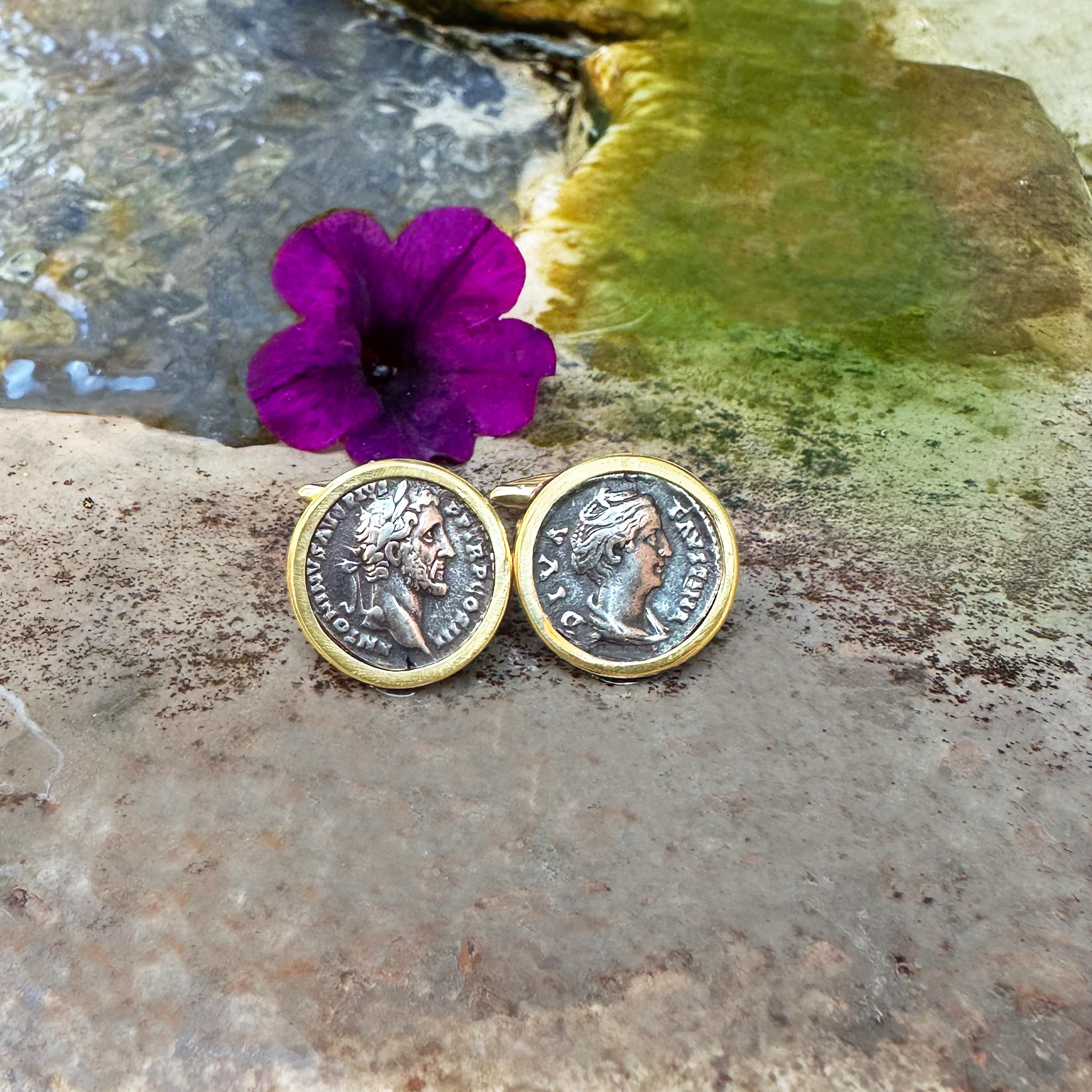 These 18 Kt gold cufflinks feature two genuine Roman silver denarii from the 2nd century AD, depicting Emperor Antoninus Pius and his wife, Faustina the Elder. Titus Aelius Hadrianus Antoninus Pius (19 September 86 – 7 March 161) was the Roman