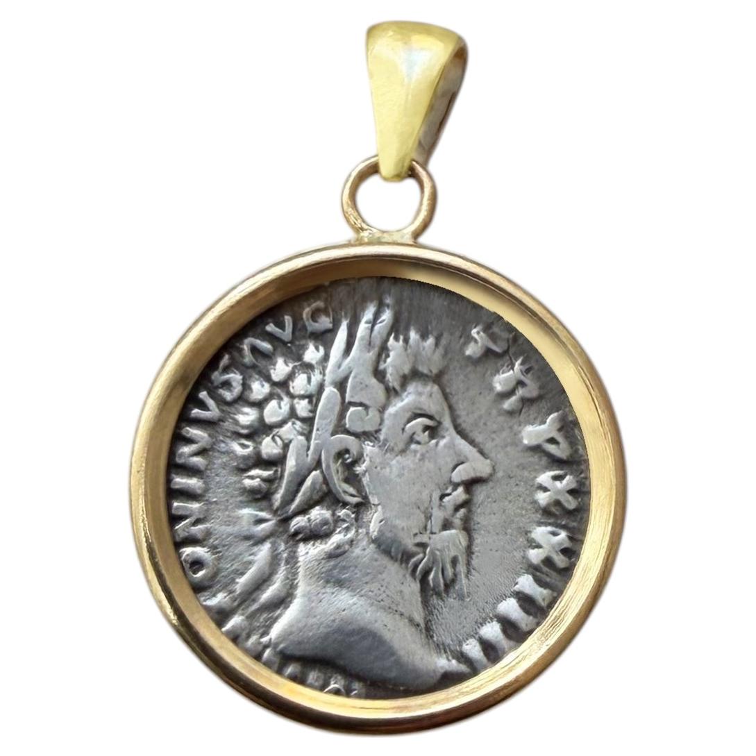 MARCUS AURELIUS Authentic Ancient Roman Coin 18 Kt Gold Pendant For Sale