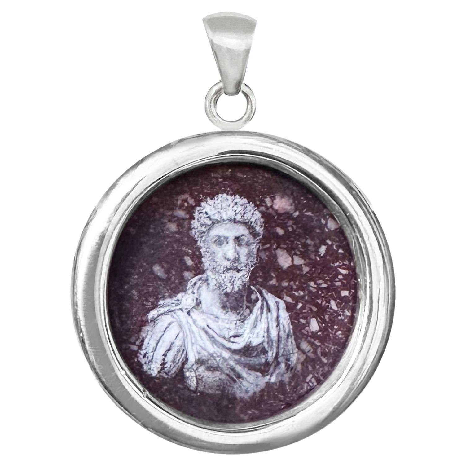 MARCUS AURELIUS Hand-Painted on Red Porphyry 925 Silver Pendant