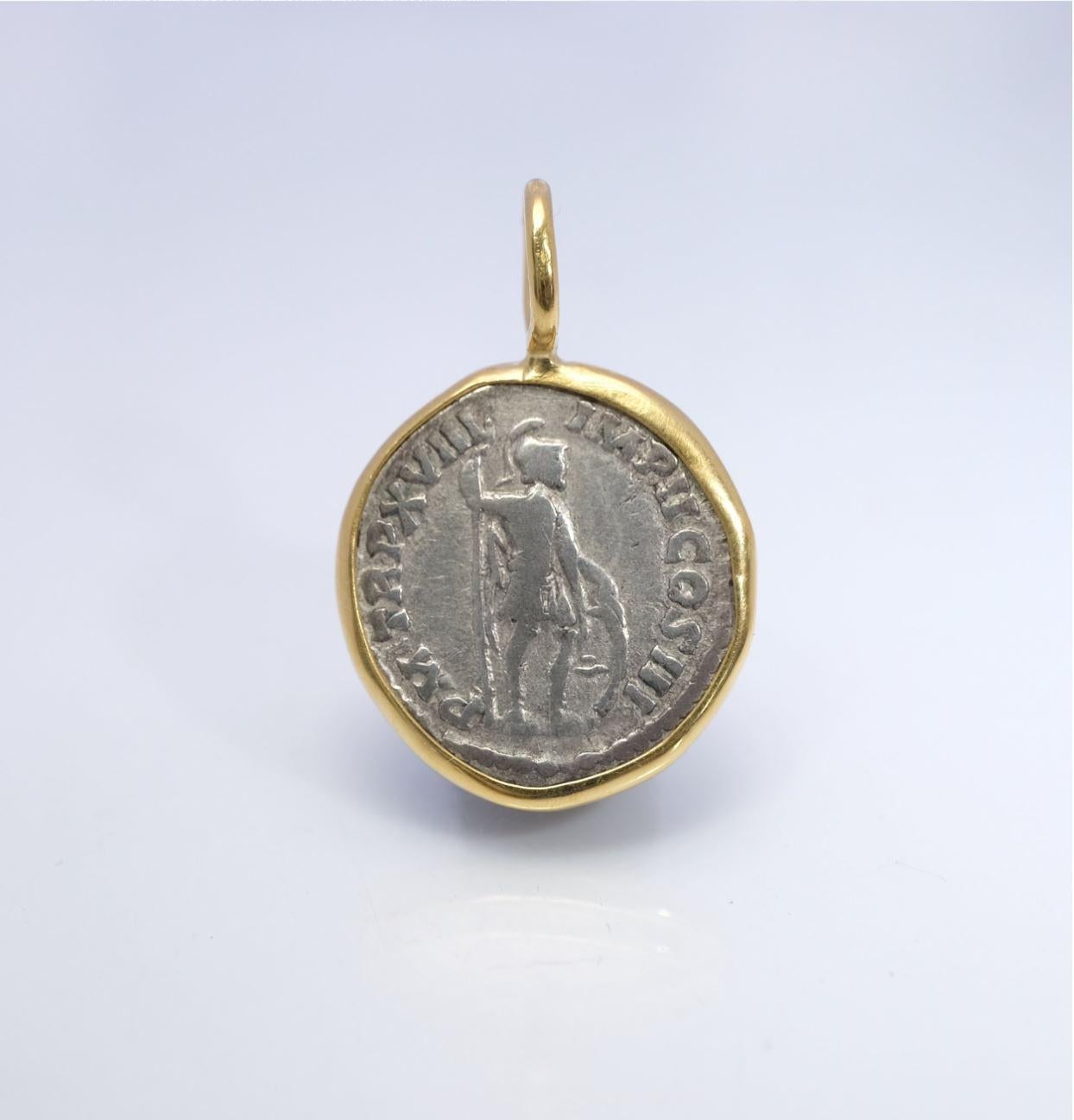 Marcus Aurelius - Mars Set in 22k Gold Ancient Setting - Silver Coin Pendant In New Condition In Chicago, IL