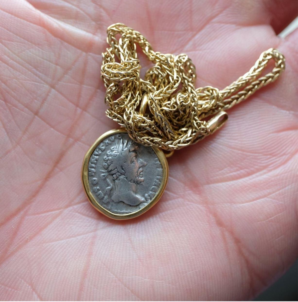 Marcus Aurelius - Mars Set in 22k Gold Ancient Setting - Silver Coin Pendant 1