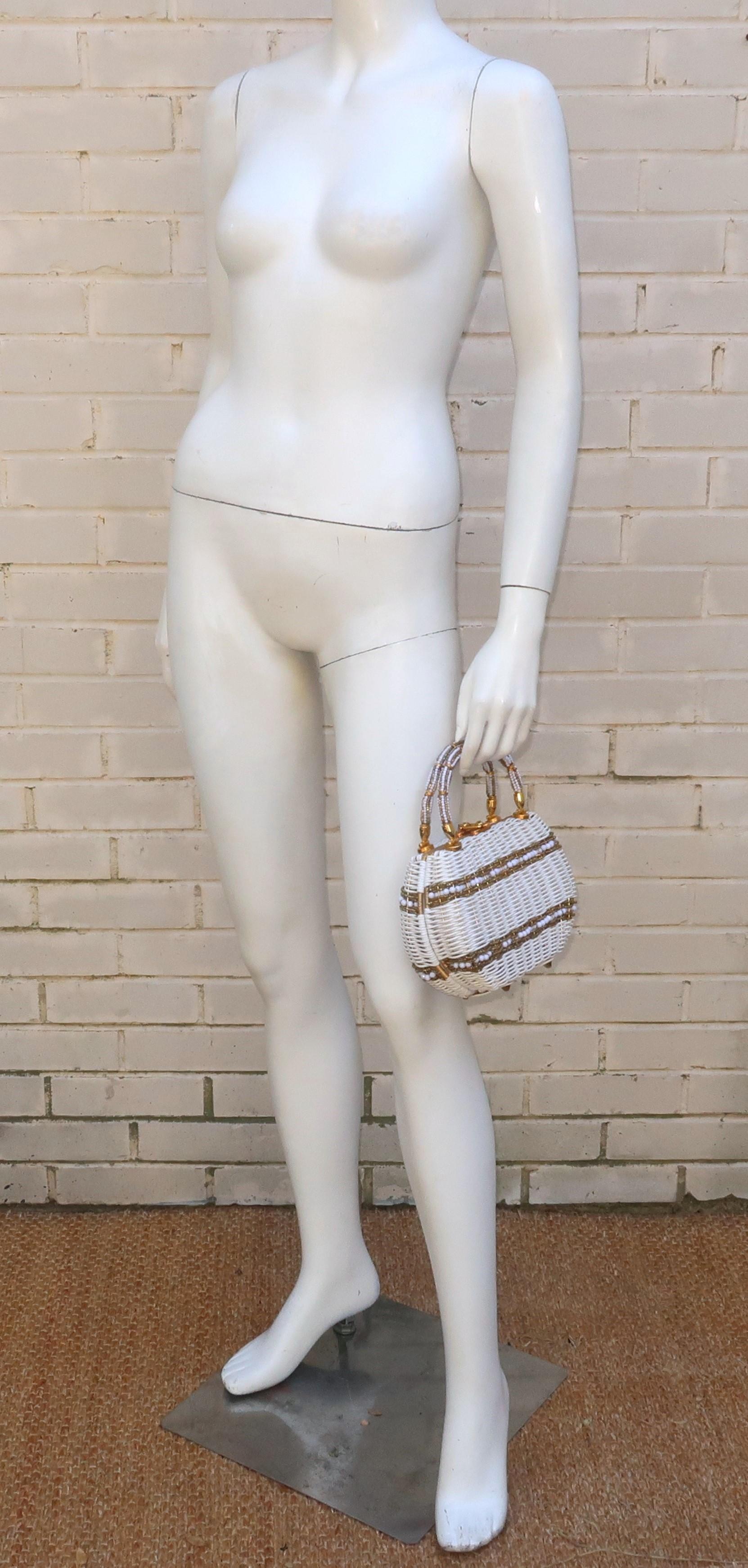 Marcus Brothers Beaded White & Gold Straw Handbag, 1950's For Sale 8