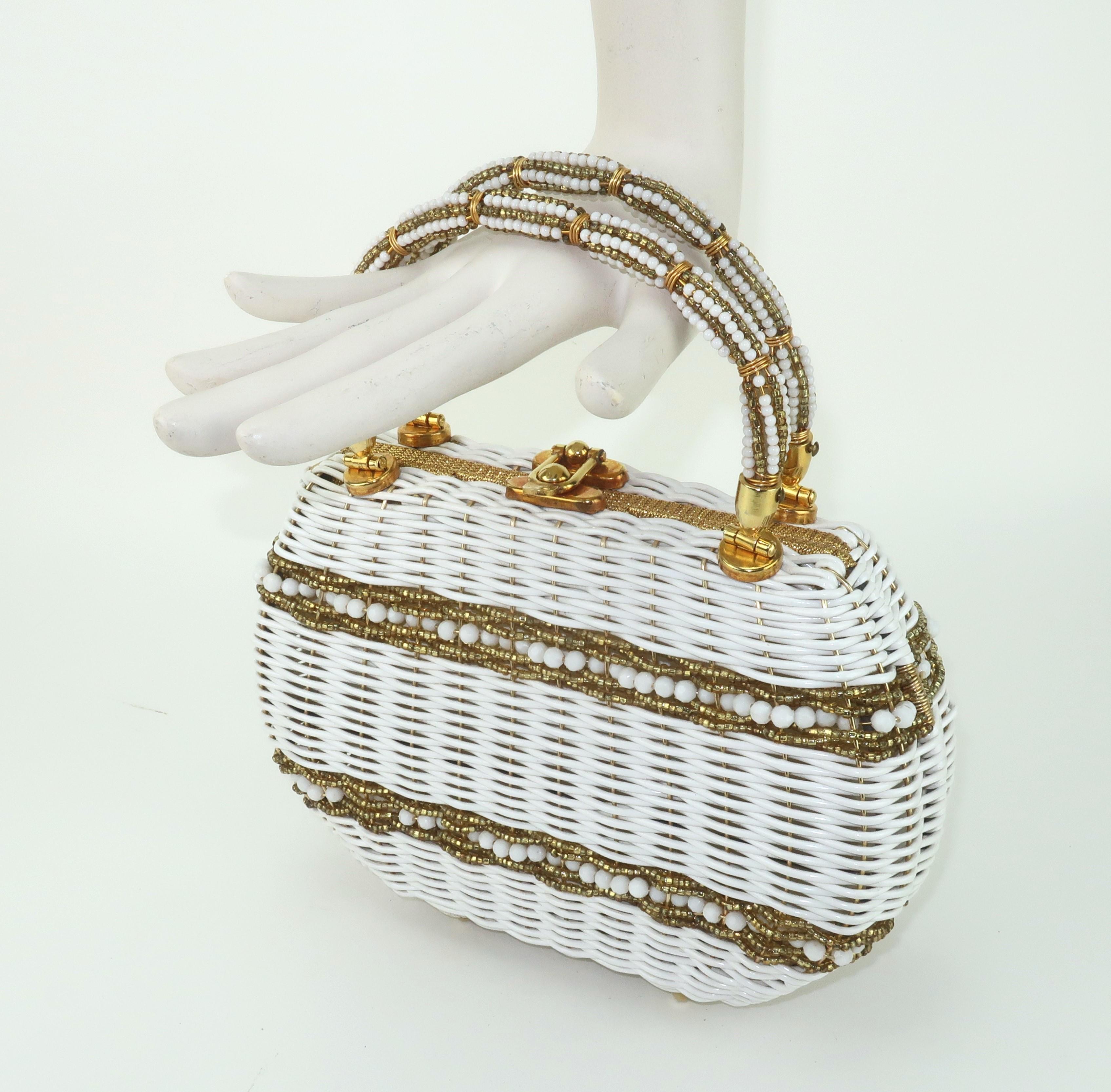 Marcus Brothers Beaded White & Gold Straw Handbag, 1950's For Sale 9