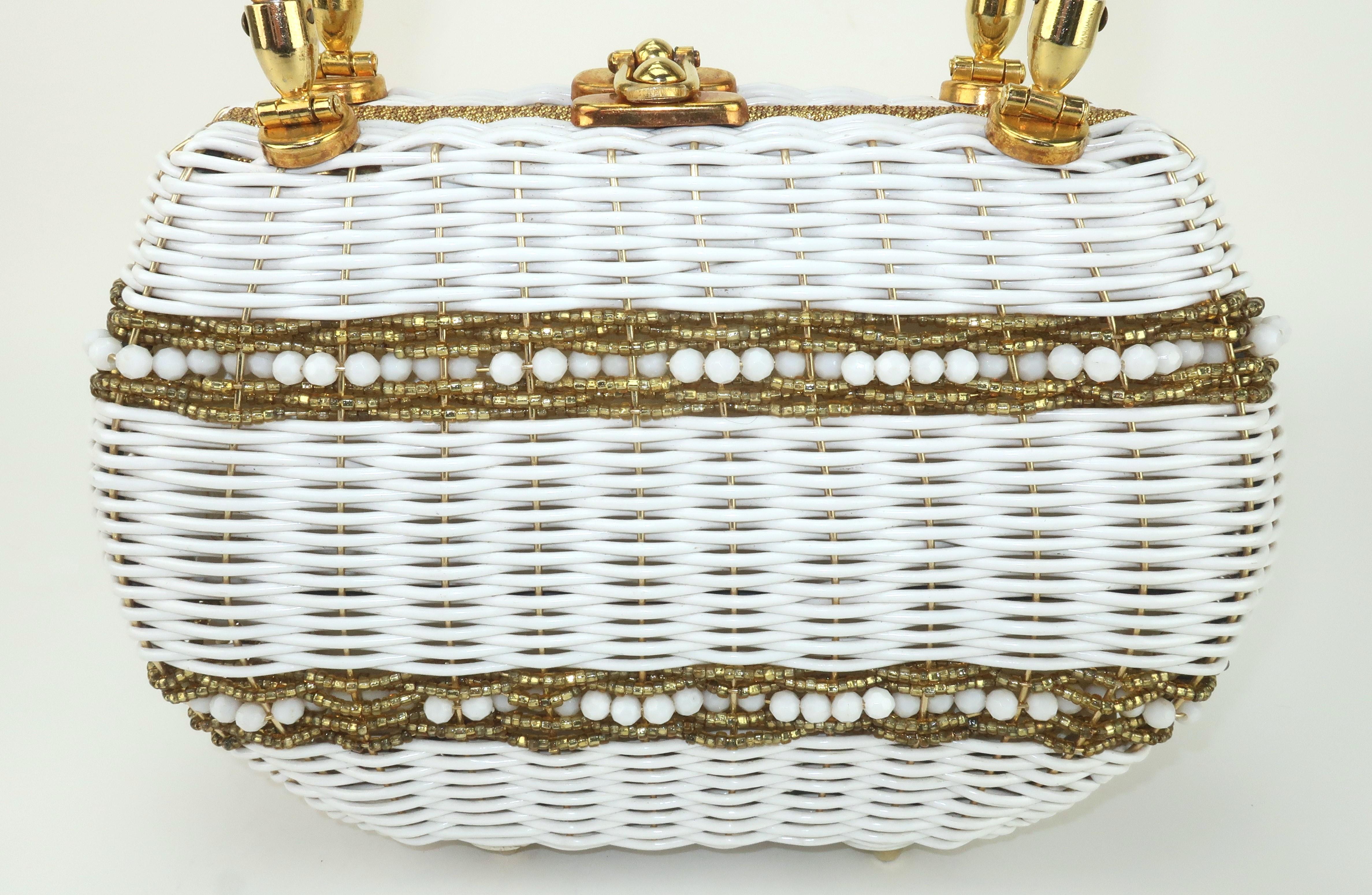 Marcus Brothers Beaded White & Gold Straw Handbag, 1950's In Good Condition For Sale In Atlanta, GA