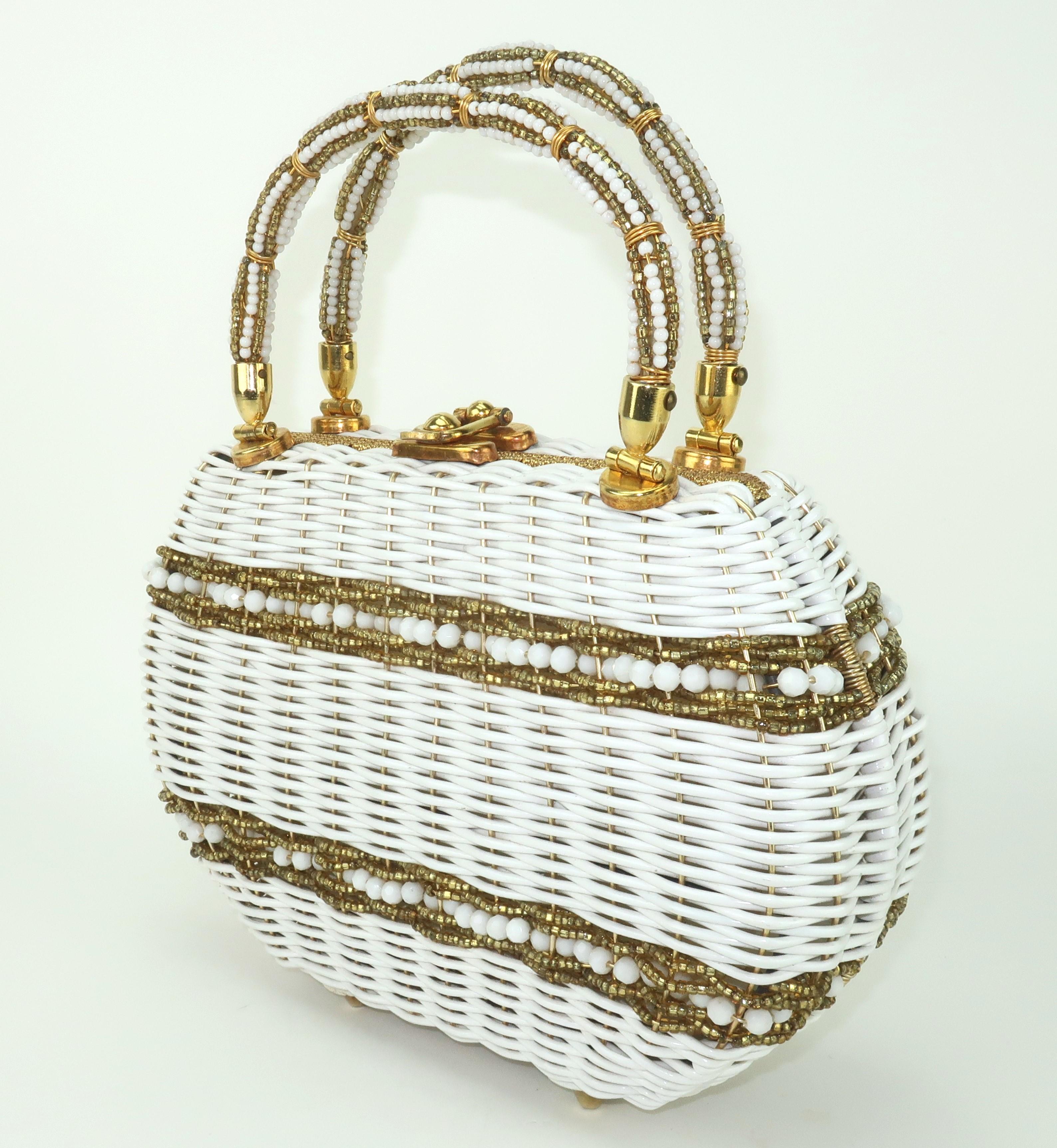 Women's Marcus Brothers Beaded White & Gold Straw Handbag, 1950's For Sale