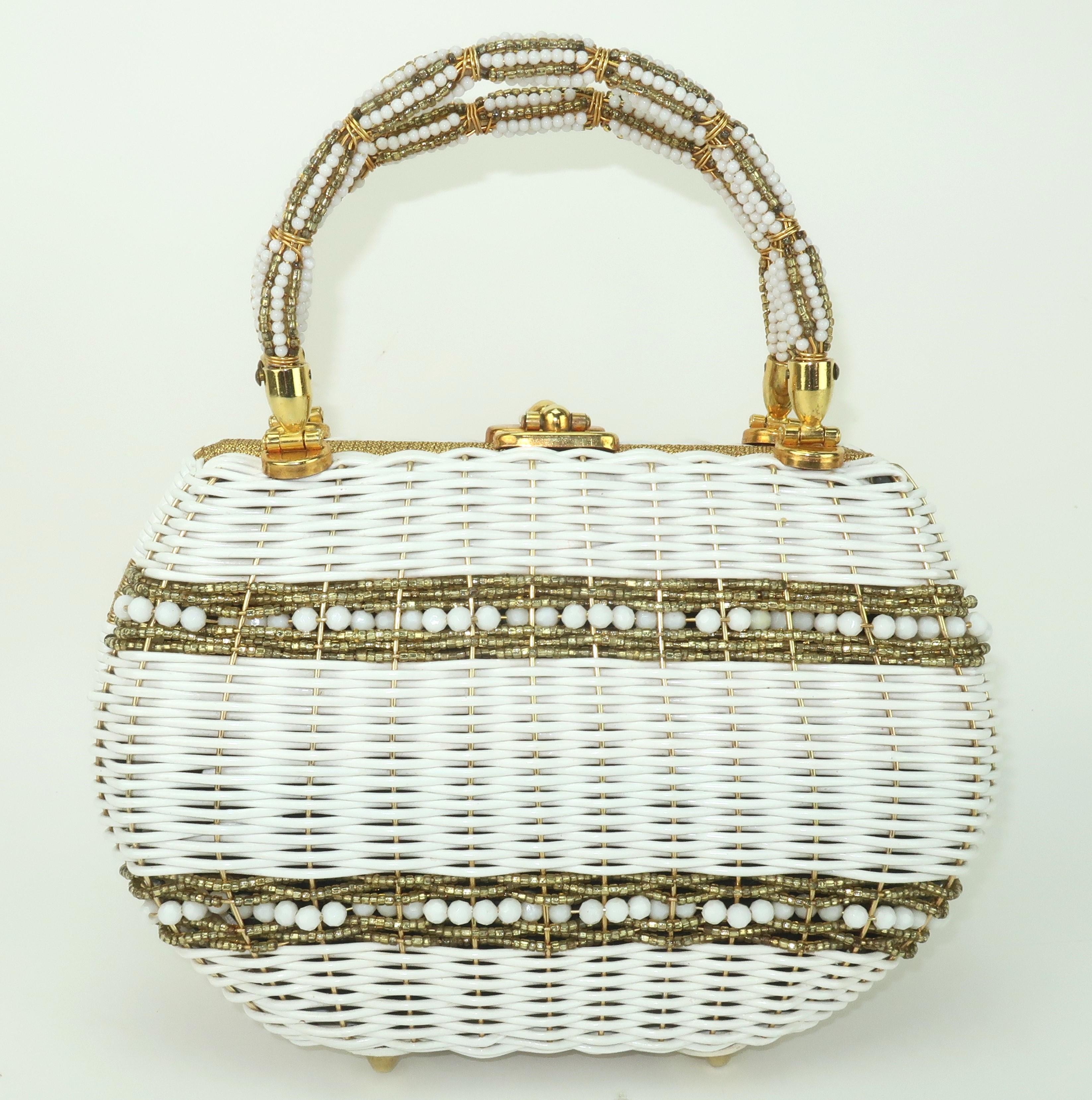 Marcus Brothers Beaded White & Gold Straw Handbag, 1950's For Sale 2
