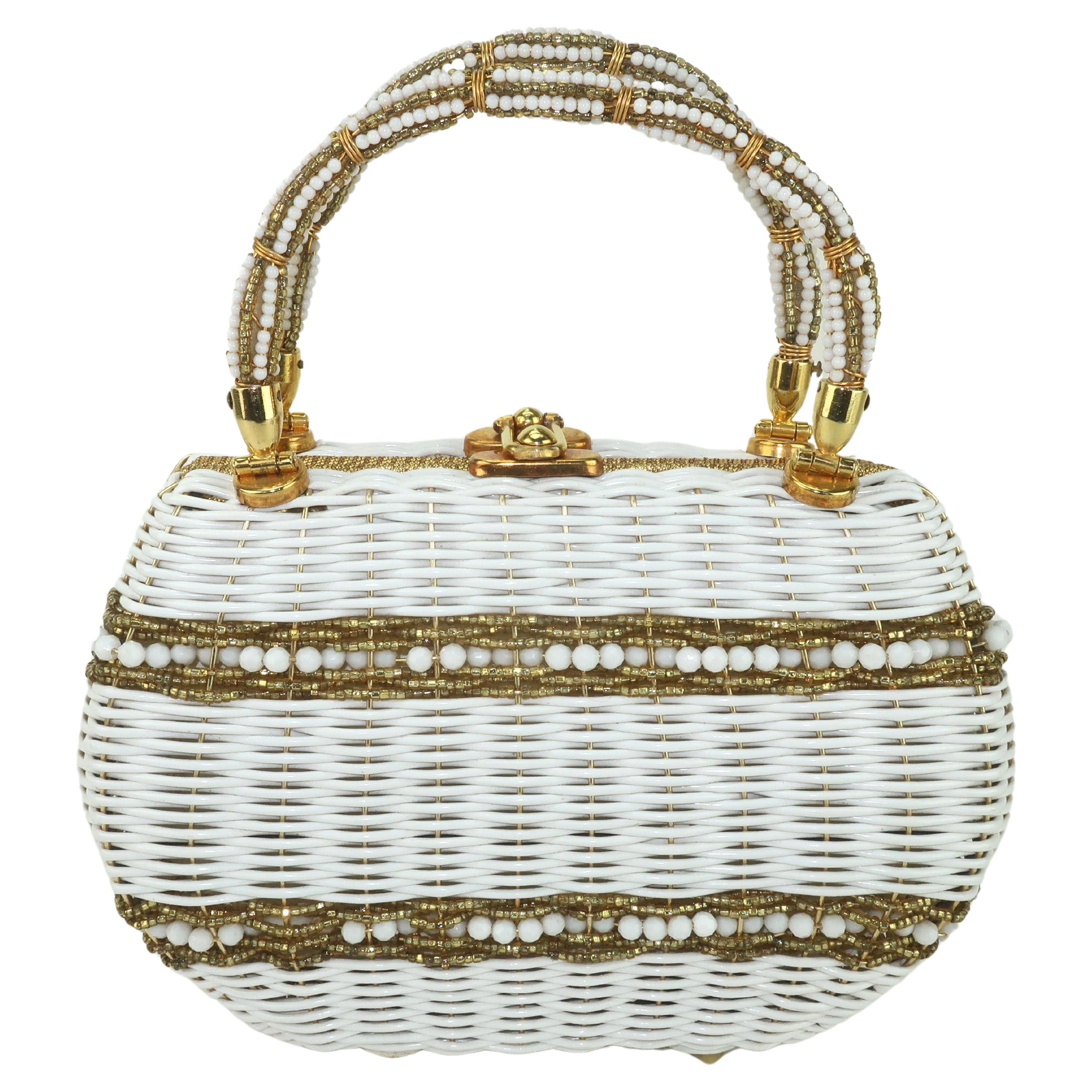 Marcus Brothers Beaded White & Gold Straw Handbag, 1950's For Sale