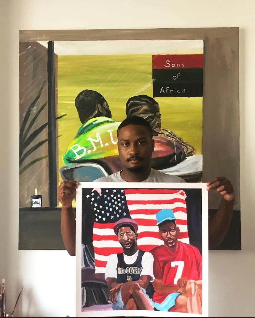 Marcus Brutus paints his Black diasporic subjects in disparate settings: His figures exercise, read, relax, and work across beaches, barbershops, lawns, and living rooms. Brutus captures them all with bold contours and vibrant palettes as he subtly