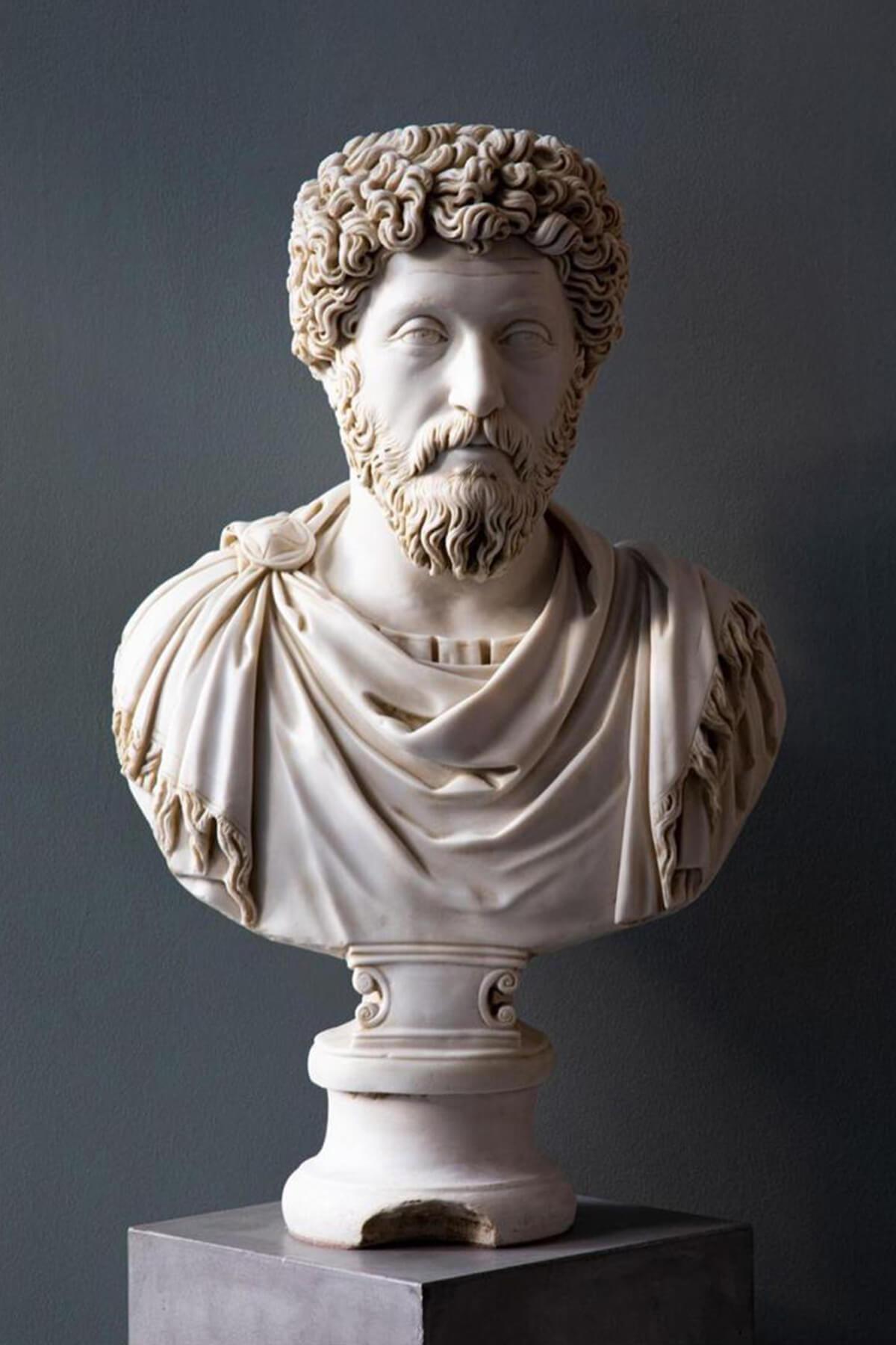 Turkish Marcus Bust Statue Made with Compressed Marble Powder 'Ephesus Museum' For Sale