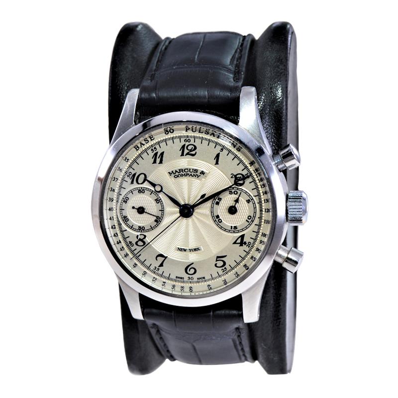 FACTORY / HOUSE: Gallet and Co. for Marcus in New York
STYLE / REFERENCE: Two Register Chronograph / Art Deco
METAL / MATERIAL: Stainless Steel 
CIRCA: 1930's 
DIMENSIONS: Length 42mm X Diameter 34mm
MOVEMENT / CALIBER: Manual Winding / 17 Jewels /