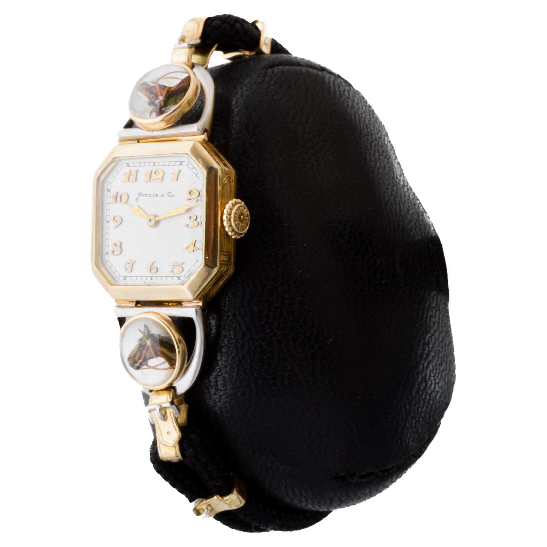 Marcus & Co. 18Kt Gold CUSTOM MADE Reitsportthema  Uhr ca. 1930er Jahre für Damen oder Herren