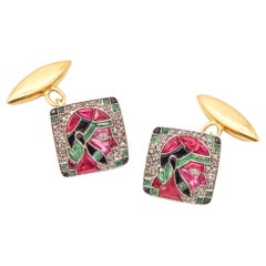 MARCUS & CO. 1920 Art-Deco Cufflinks In 18Kt Gold With Calibre Cut Gemstones