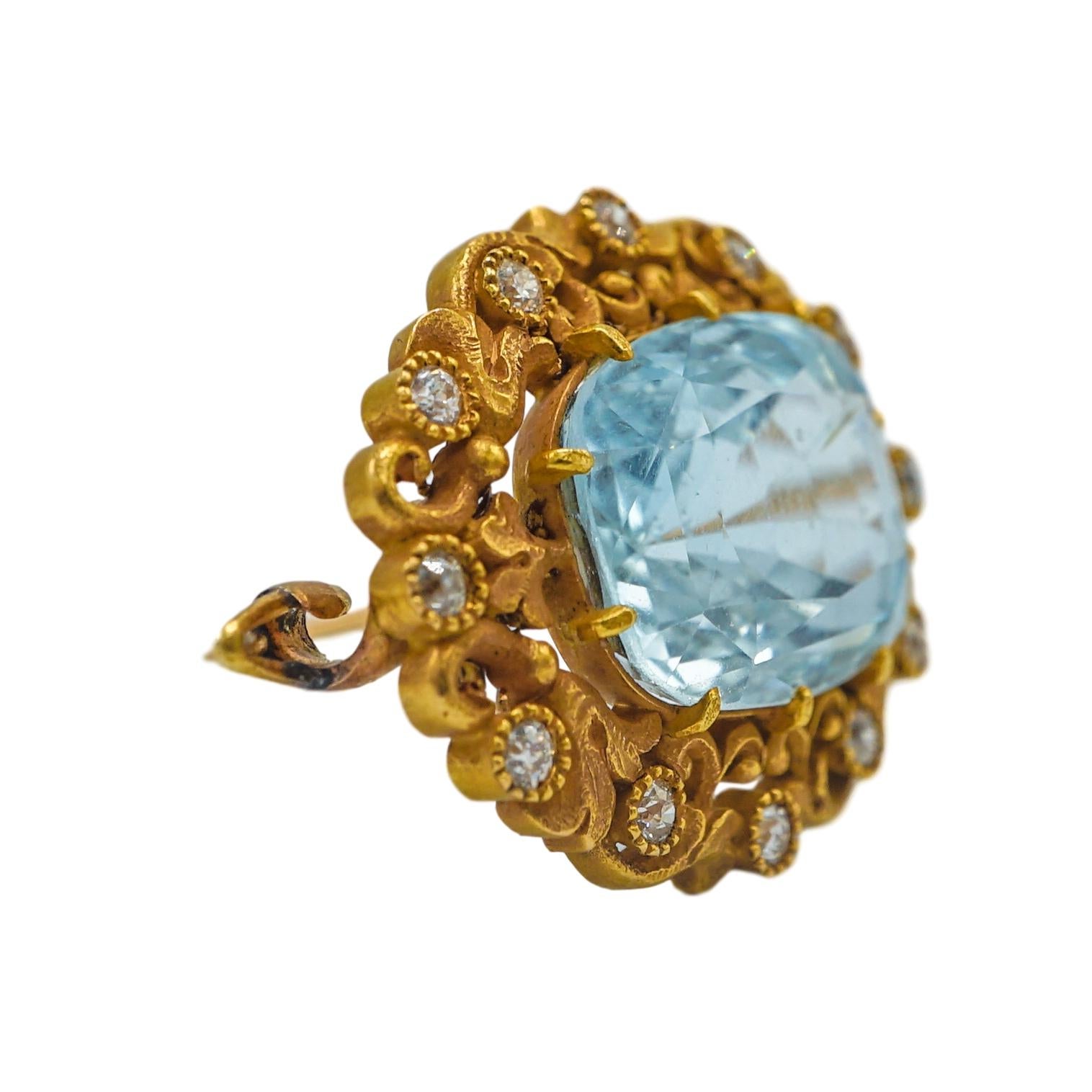 Art Nouveau Marcus & Co Aquamarine and Diamond Yellow Gold Brooch