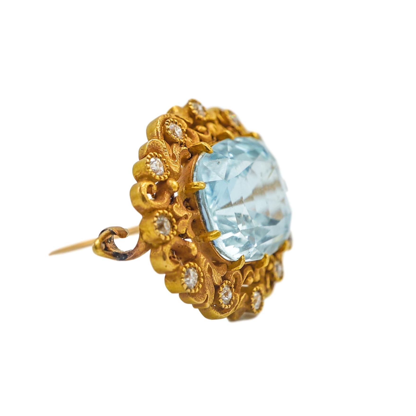 Women's or Men's Marcus & Co Aquamarine and Diamond Yellow Gold Brooch