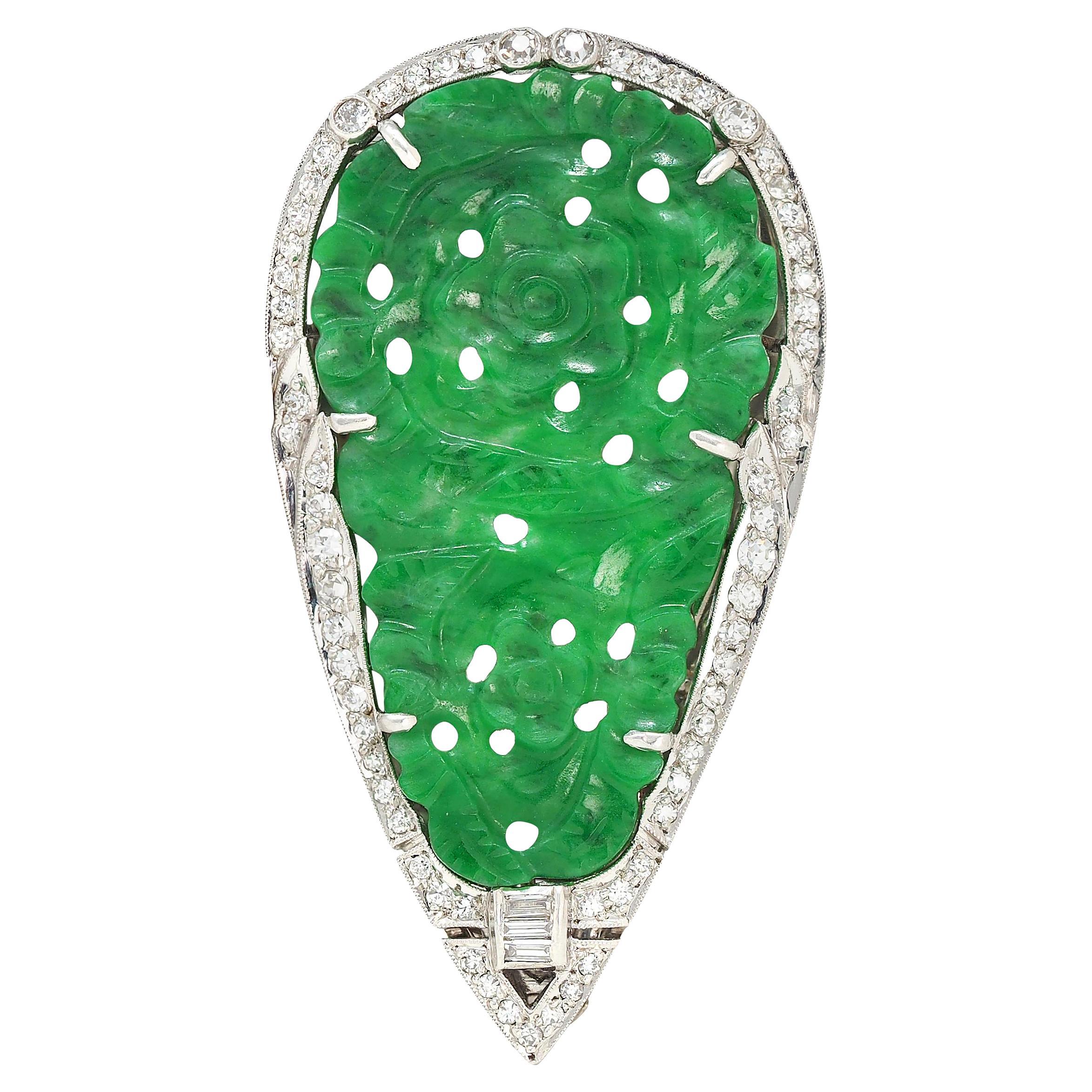Marcus 
Co. Art Carved Jade Diamante Platino Broche Floral Colgante Clip