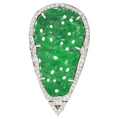 Marcus & Co. Art Deco Carved Jade Diamond Platinum Floral Brooch Pendant Clip