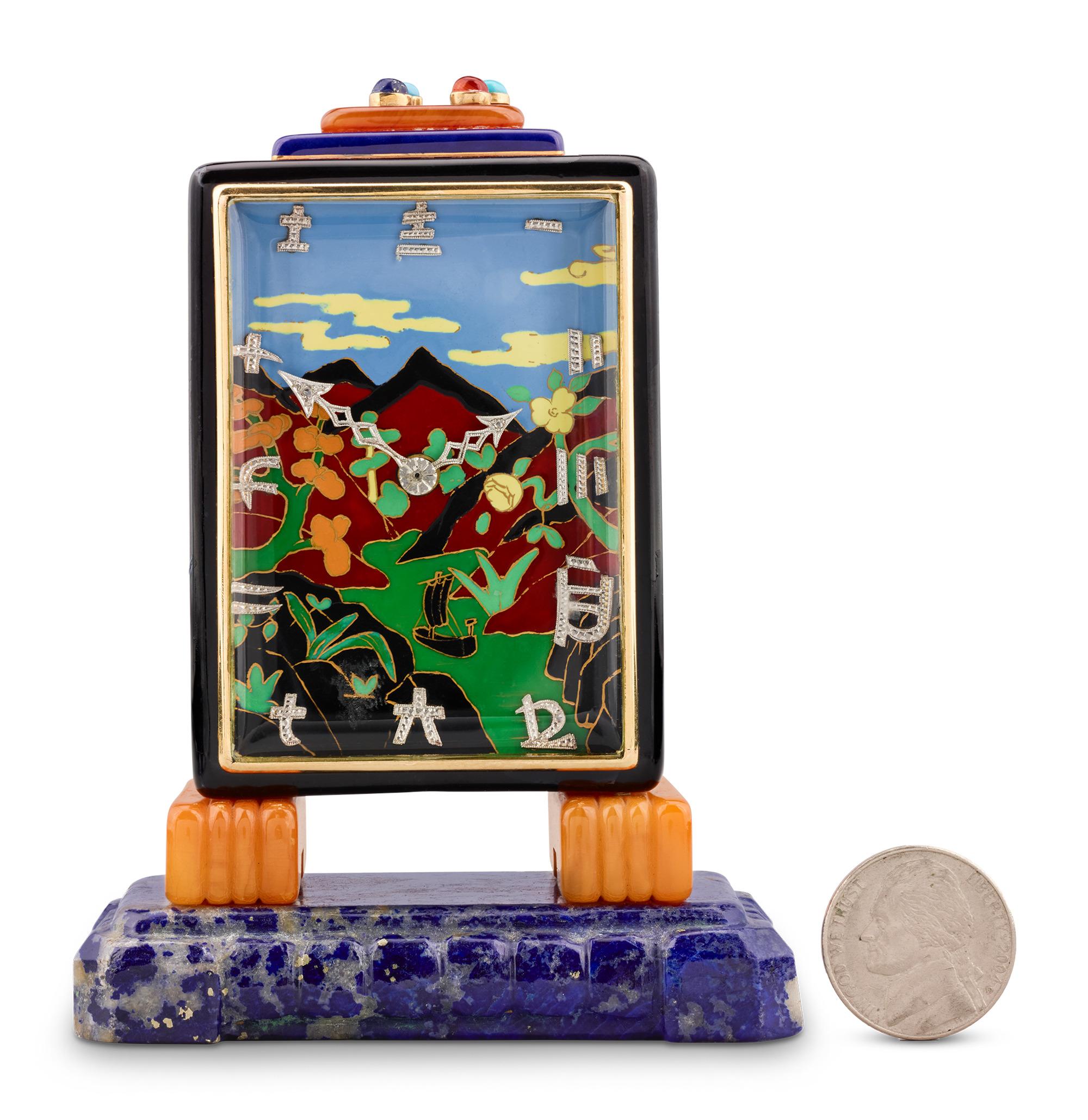 Marcus & Co. Art Deco Cloisonné Enamel Desk Clock en Bueno estado para la venta en New Orleans, LA