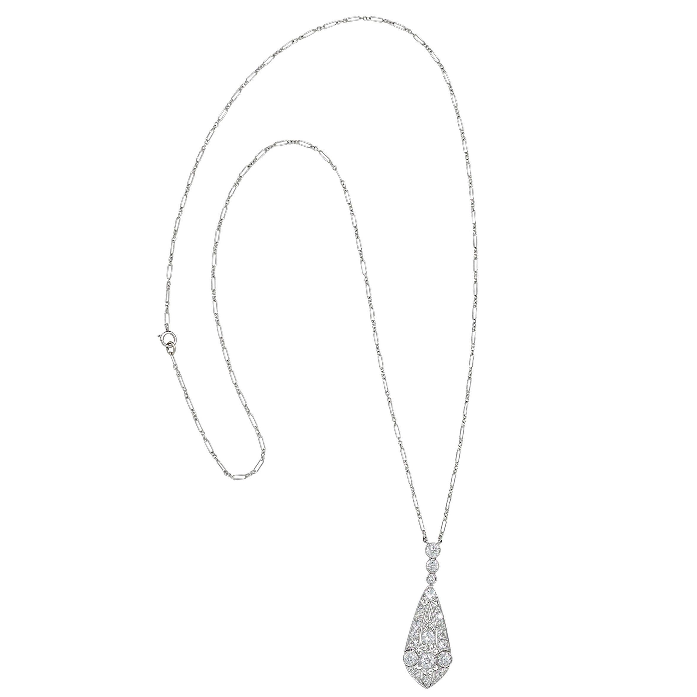 Old European Cut Marcus & Co. Art Deco Diamond 20K Gold Antique Foliate Pendant Station Necklace For Sale