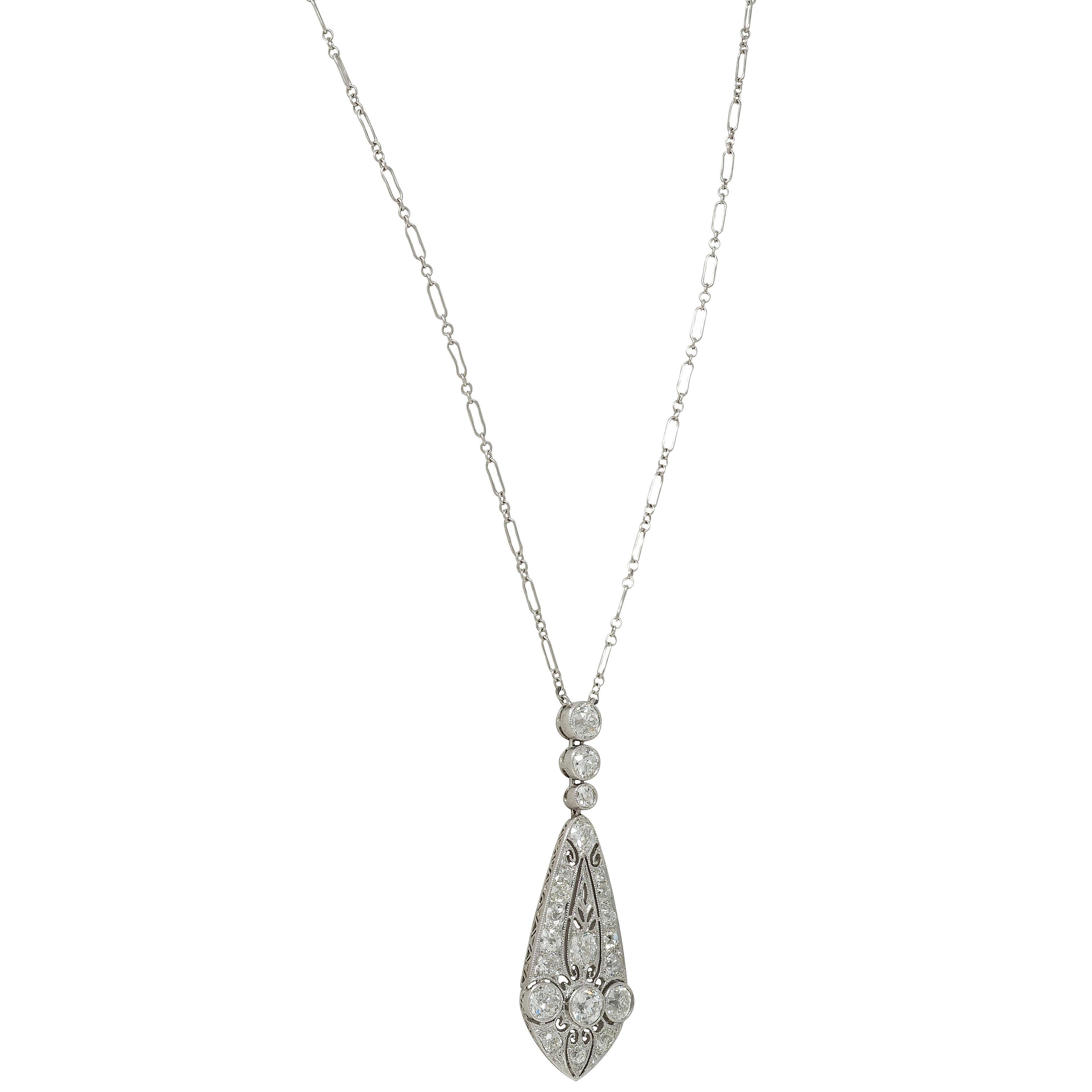 Marcus & Co. Art Deco Diamond 20K Gold Antique Foliate Pendant Station Necklace In Excellent Condition For Sale In Philadelphia, PA