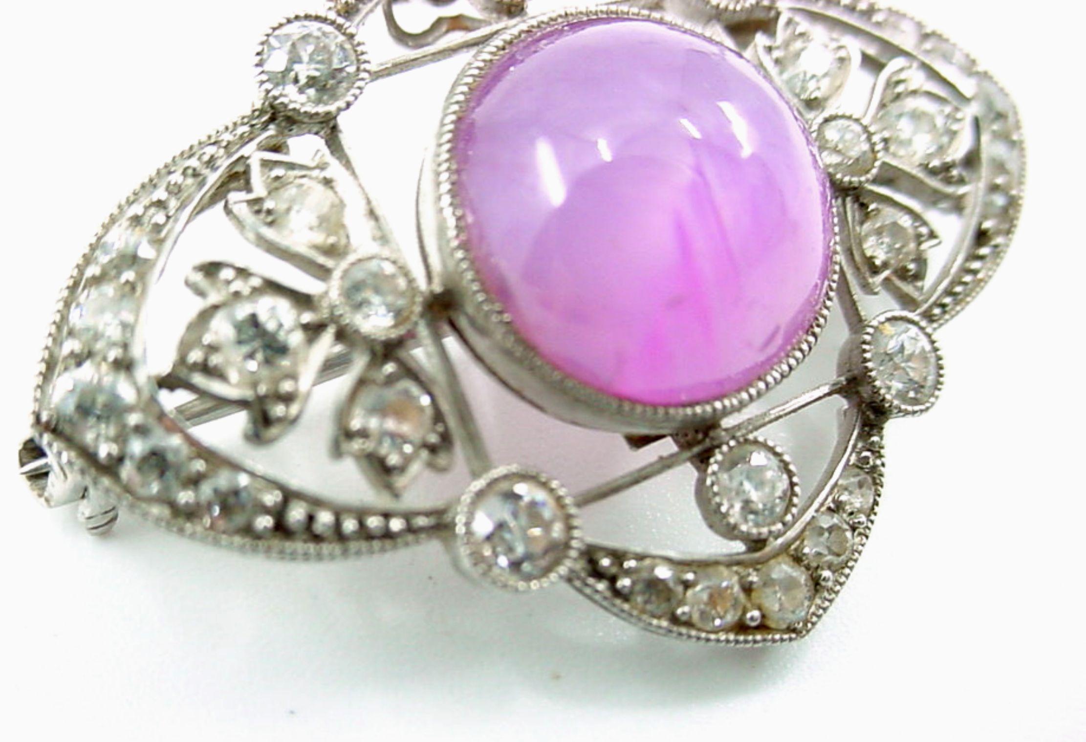 Old Mine Cut Marcus & Co Art Deco Diamond Pink Lavender Star Sapphire Platinum Brooch/Pendant For Sale