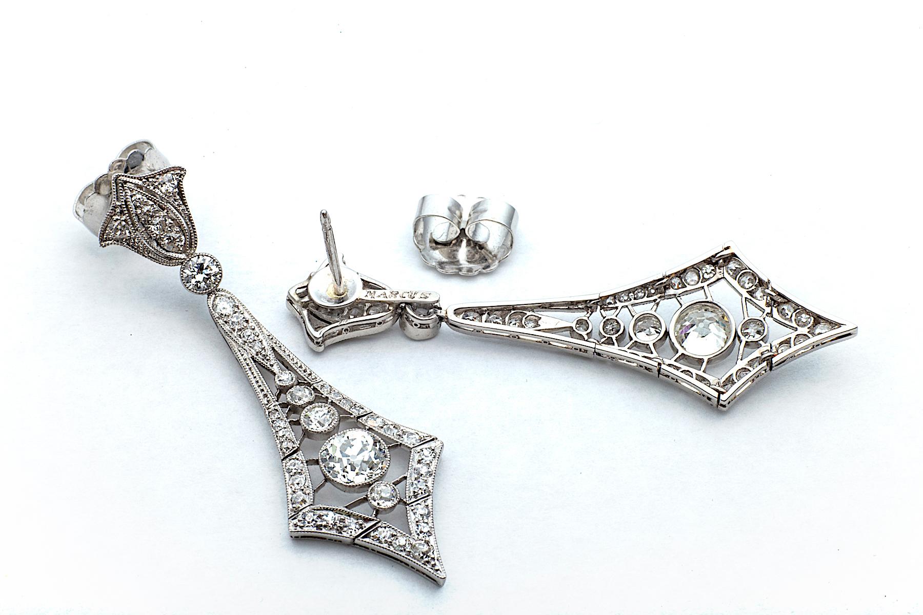 Old European Cut Marcus & Co. Art Deco Diamond Platinum Pendant Earrings