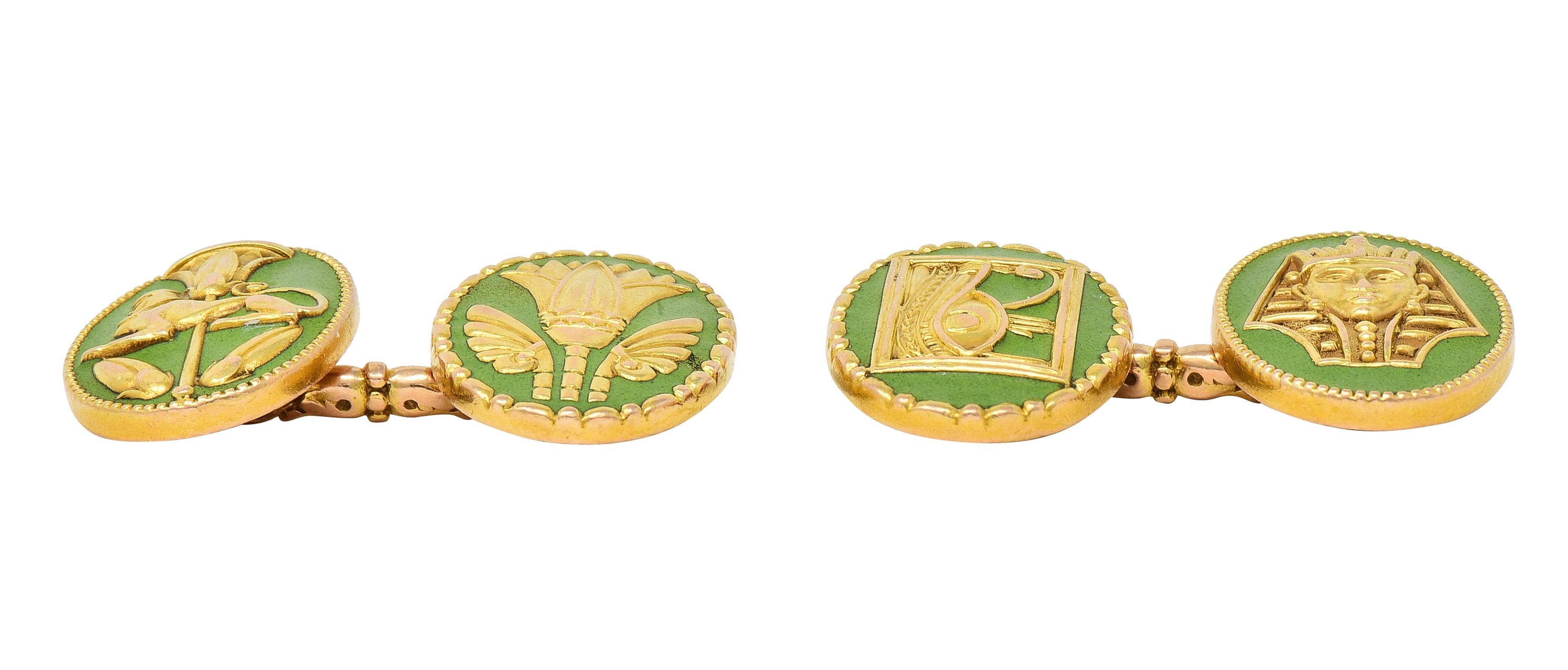 Marcus & Co. Boutons de manchette anciens Art déco néo-égyptien en or 14 carats et émail en vente 5