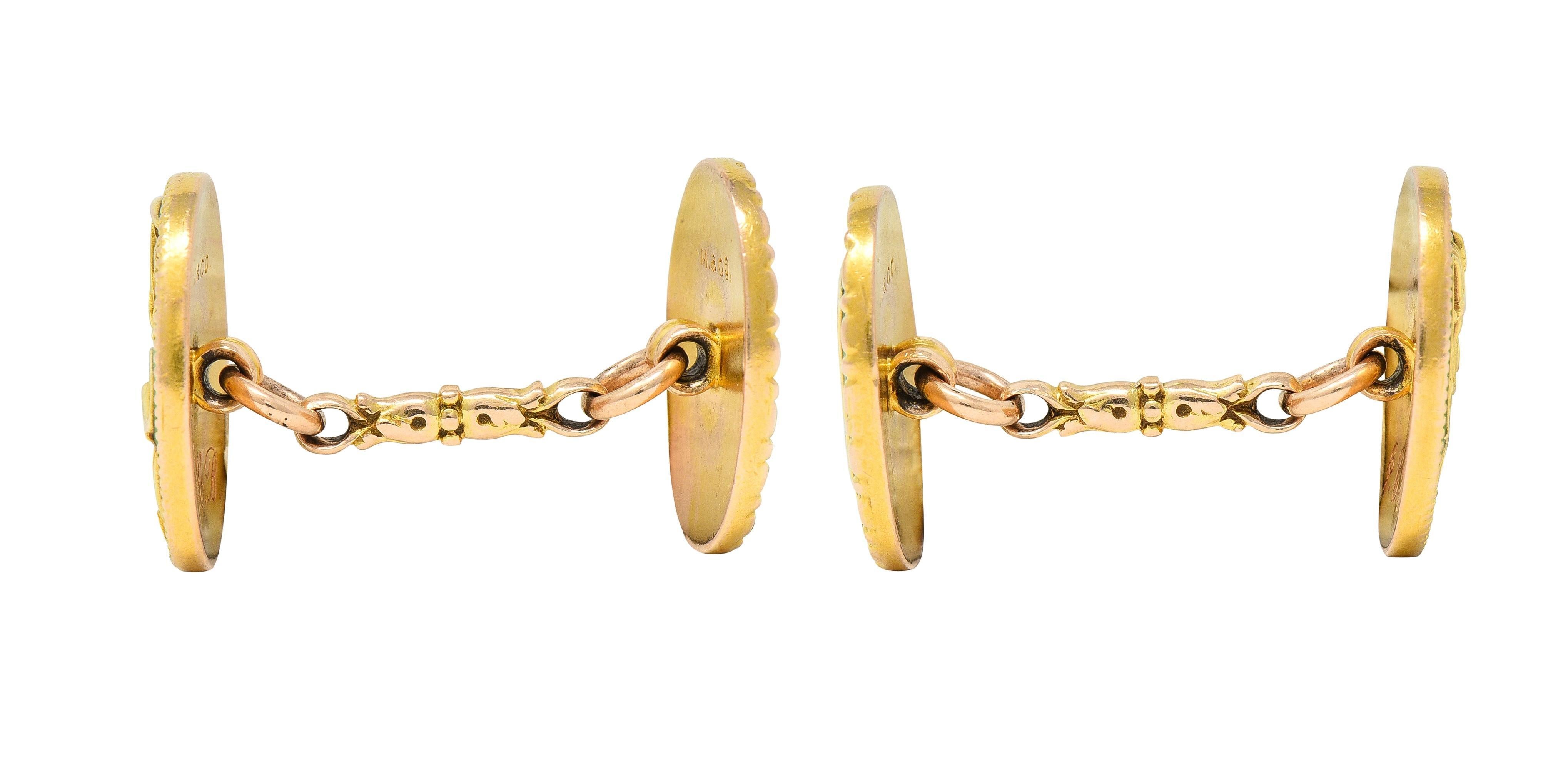Women's or Men's Marcus & Co. Art Deco Egyptian Revival Enamel 14 Karat Gold Antique Cufflinks For Sale