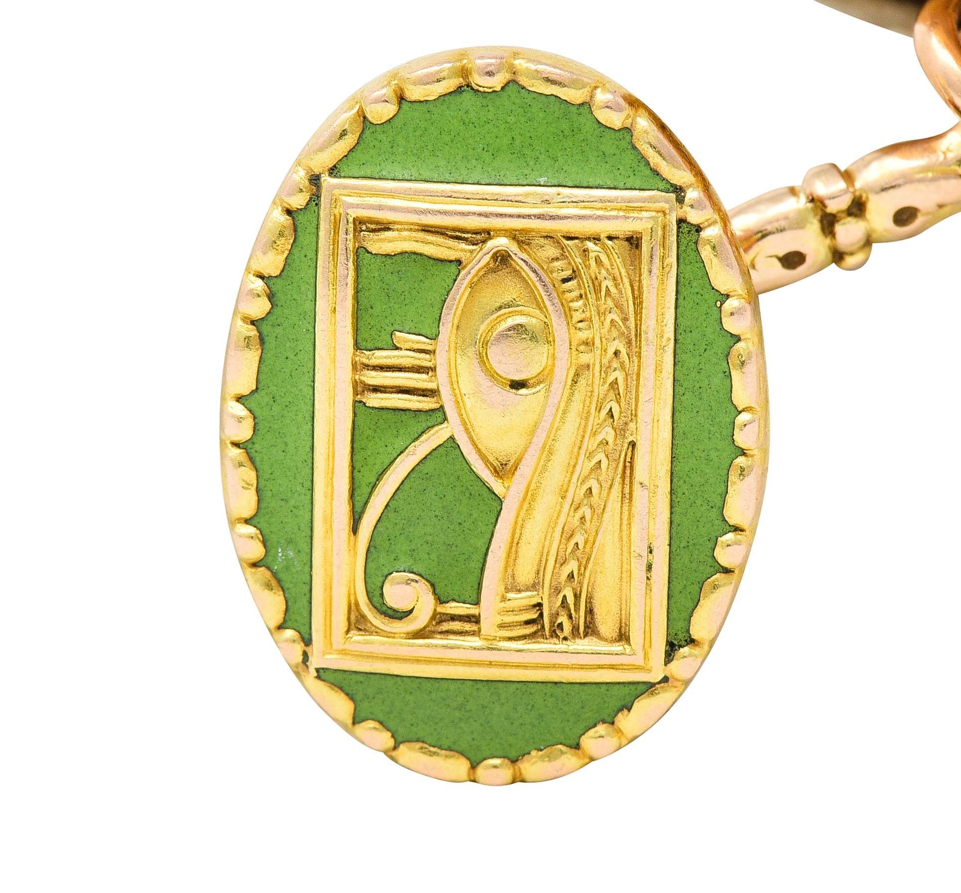 Marcus & Co. Art Deco Egyptian Revival Enamel 14 Karat Gold Antique Cufflinks For Sale 2