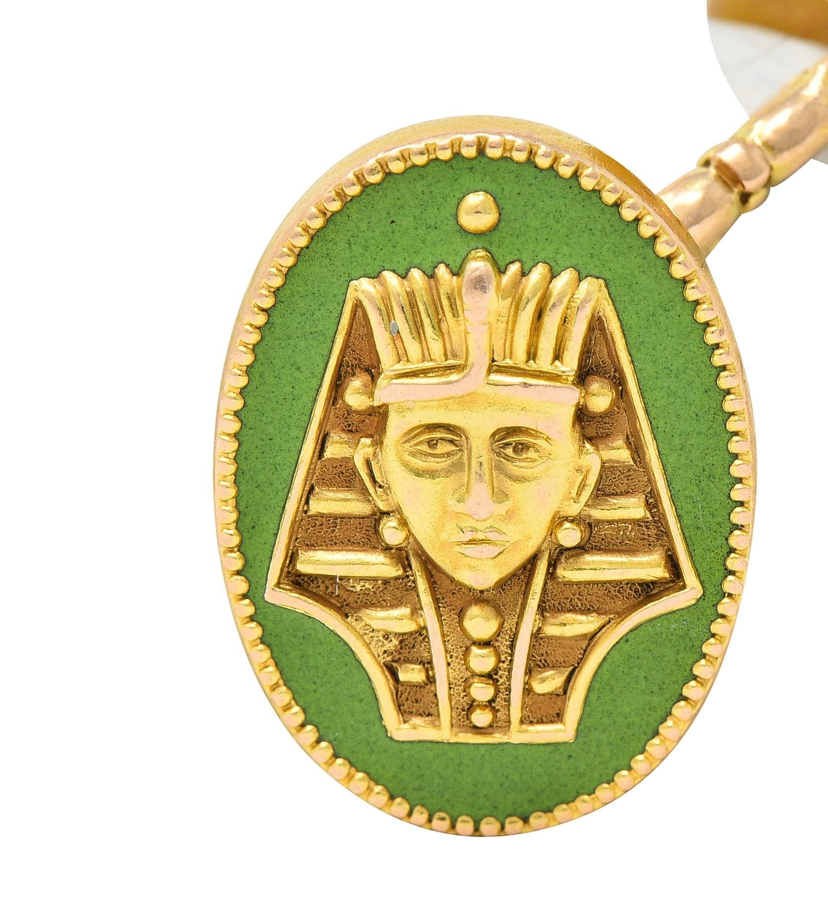 Marcus & Co. Art Deco Egyptian Revival Enamel 14 Karat Gold Antique Cufflinks For Sale 3