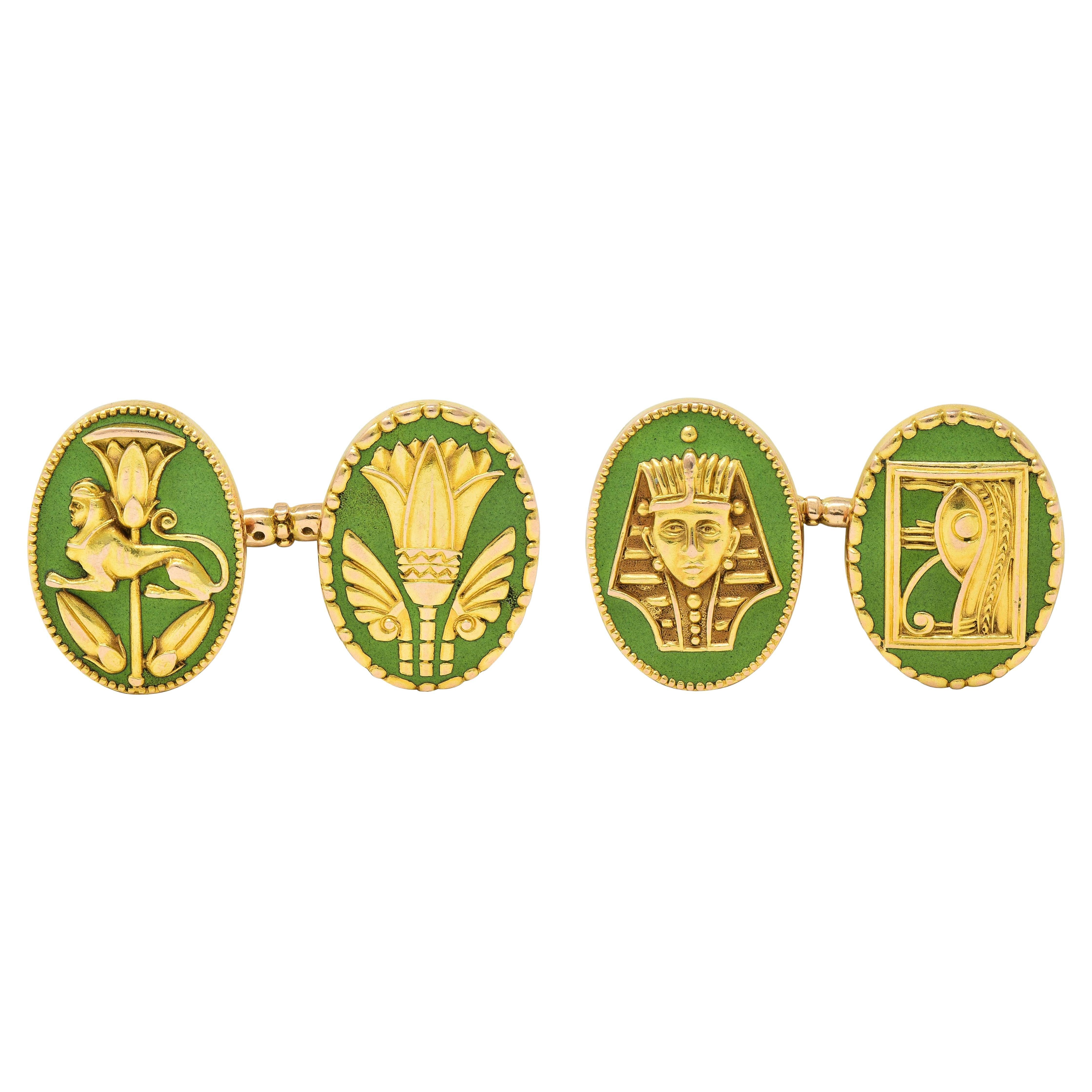 Marcus & Co. Boutons de manchette anciens Art déco néo-égyptien en or 14 carats et émail