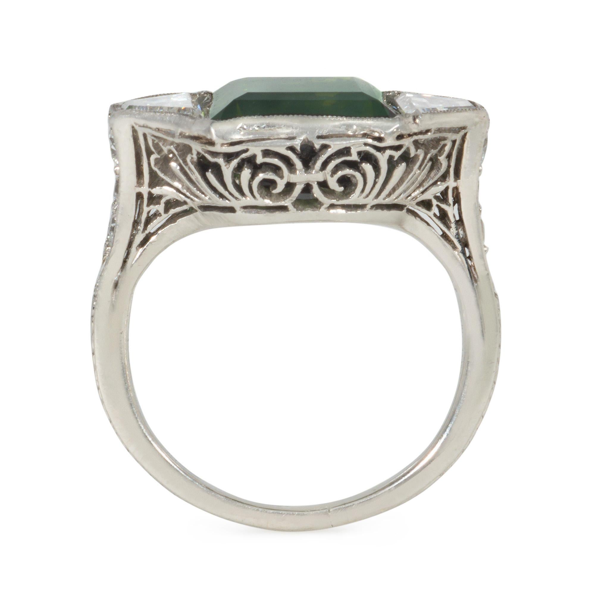 Trapezoid Cut Marcus & Co. Art Deco Green Tourmaline, Trapezoid Diamond, and Platinum Ring For Sale