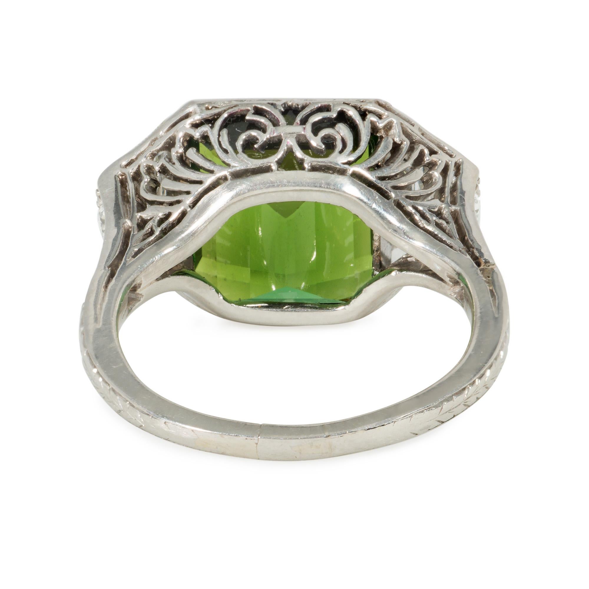 Marcus & Co. Art Deco Green Tourmaline, Trapezoid Diamond, and Platinum Ring In Good Condition For Sale In New York, NY