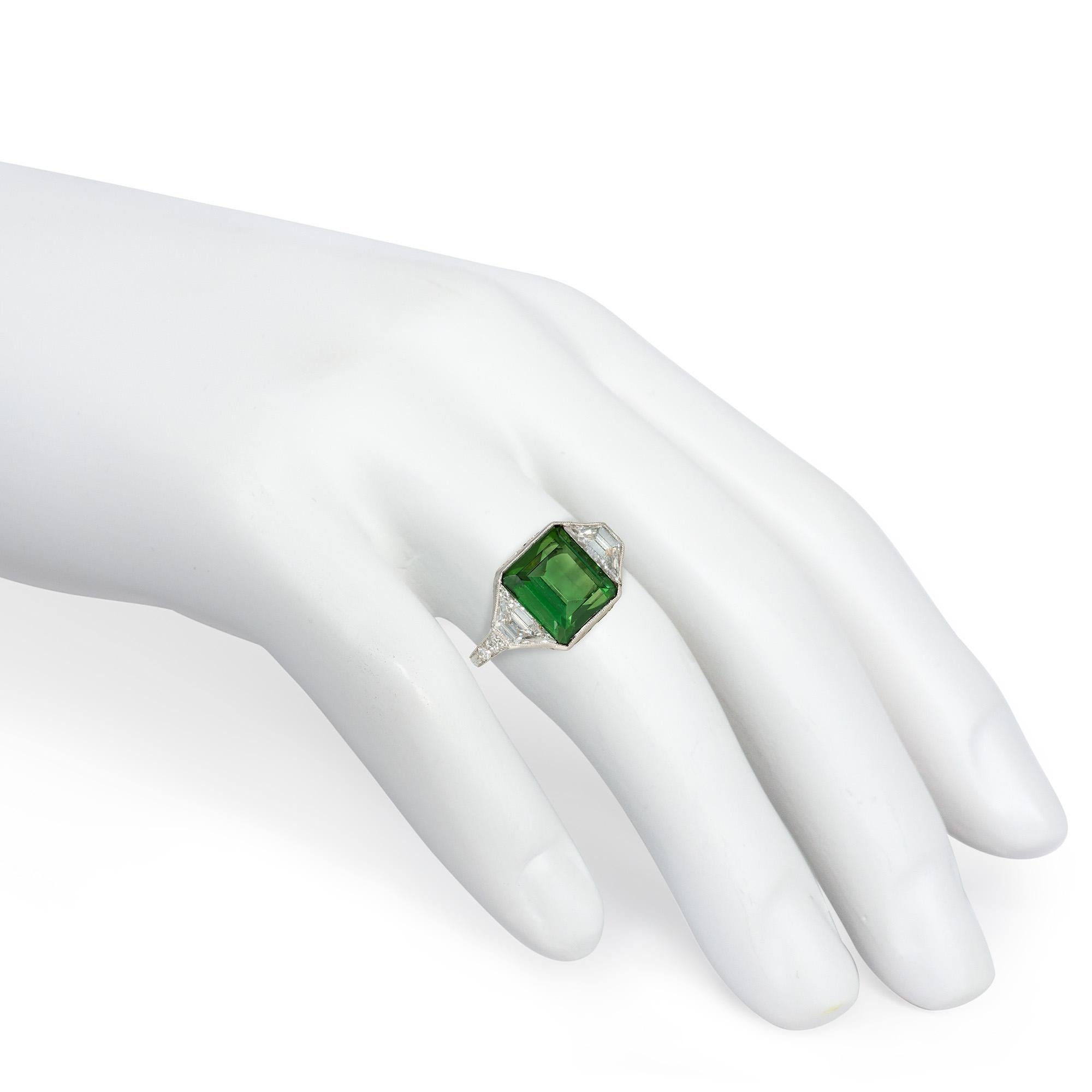 Women's or Men's Marcus & Co. Art Deco Green Tourmaline, Trapezoid Diamond, and Platinum Ring For Sale