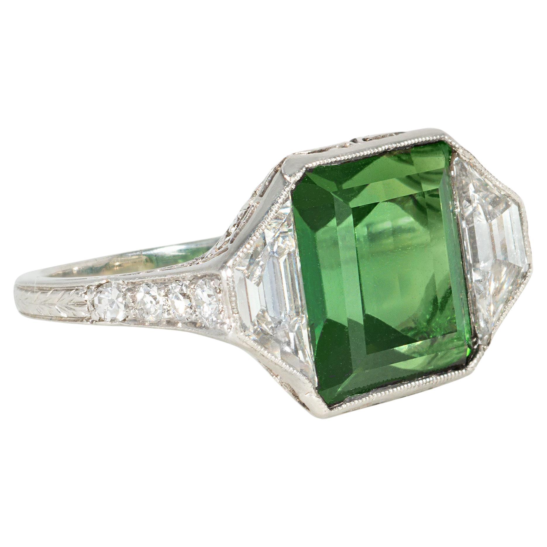 Marcus & Co. Art Deco Green Tourmaline, Trapezoid Diamond, and Platinum Ring