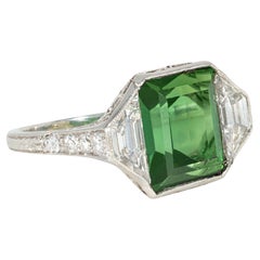 Marcus & Co. Art Deco Green Tourmaline, Trapezoid Diamond, and Platinum Ring